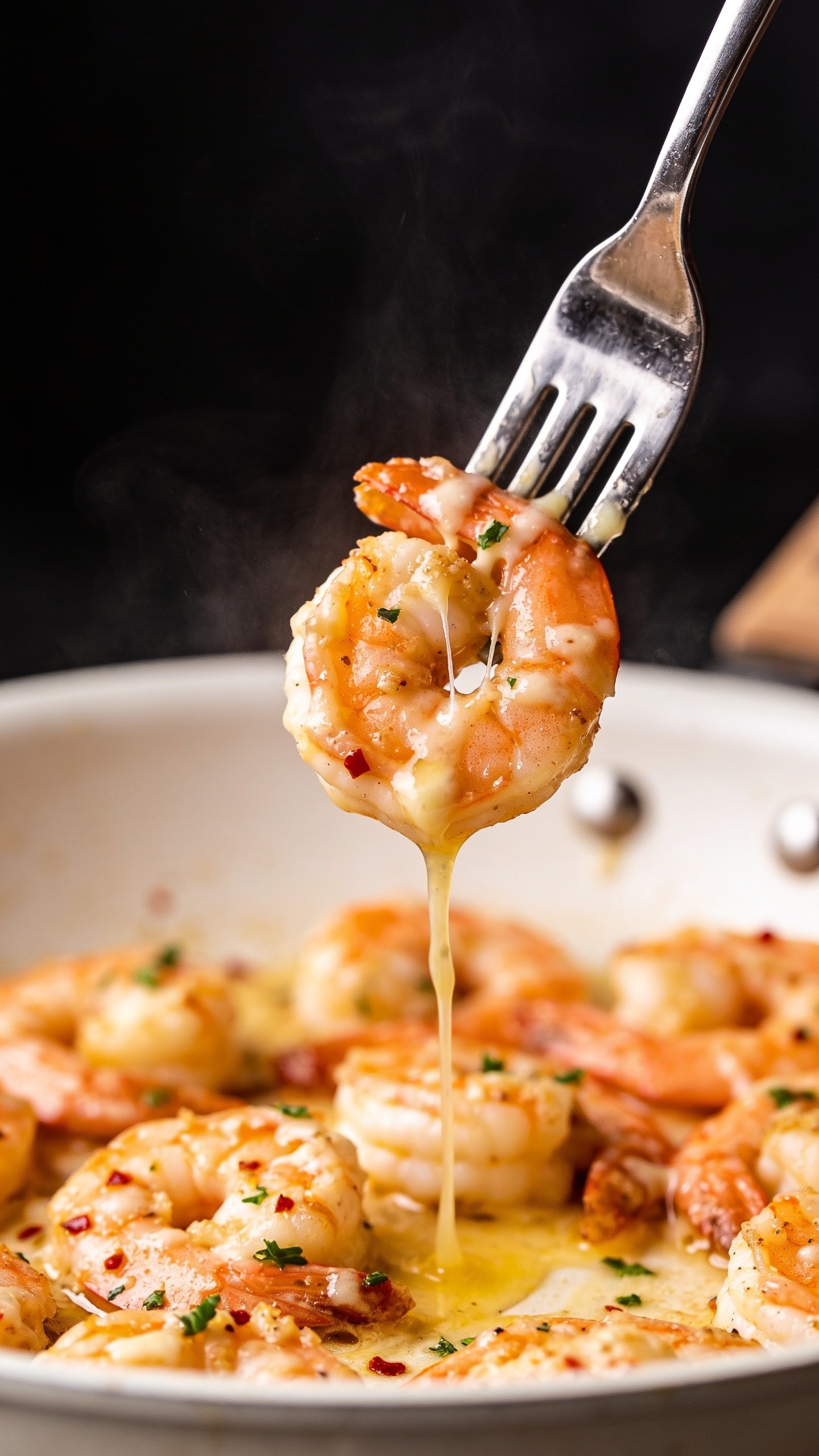 Irresistible action moment: a polished fork lifting the perfect bite of garlic parmesan shrimp from the same white skillet one inch above the surface, a single plump shrimp curled on the tines with strands of melted parmesan stretching back to the skillet, glossy garlic-butter sauce dripping in a slow ribbon from the shrimp, tiny parsley confetti and red pepper flakes clinging to the surface, micro steam rising subtly, bright natural side lighting, shallow depth of field with the lifted shrimp in razor focus and the remaining shrimp below softly blurred, 90–95% of frame filled with the food, no hands or people visible.