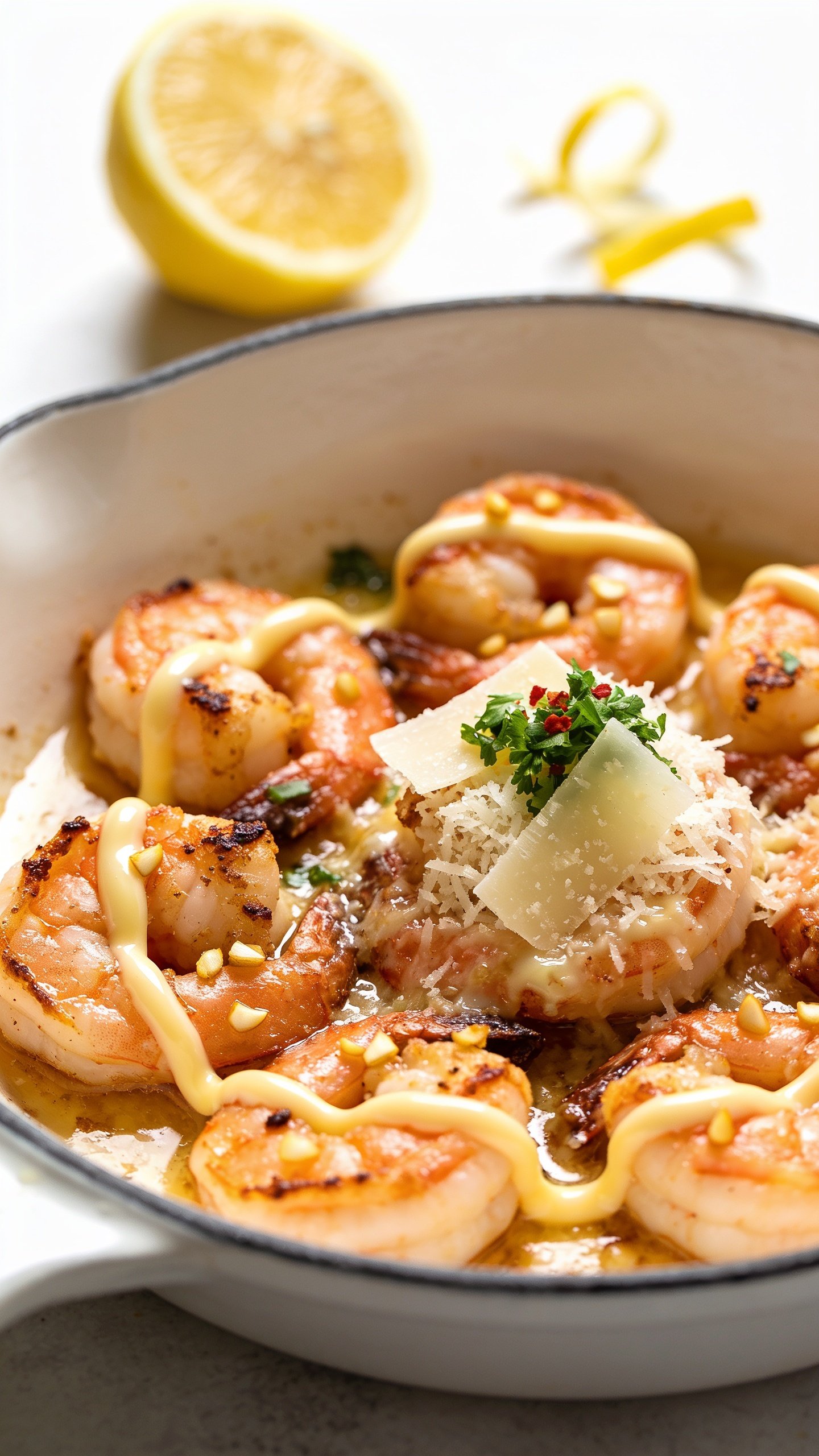 Macro close-up from a low three-quarter angle of the same finished garlic parmesan shrimp in the white skillet, focusing on textures: crispy caramelized edges on the shrimp, tiny golden garlic bits dotting the sauce, glossy butter pooled along the curves, finely grated parmesan forming a delicate, melty layer with a few larger shavings on top, bright parsley and a hint of red pepper flakes for contrast, a squeezed lemon half in soft blur at the back with a few zest curls, bright natural light, shallow depth of field, rich color and shine, 90–95% of frame filled with the dish, no text.