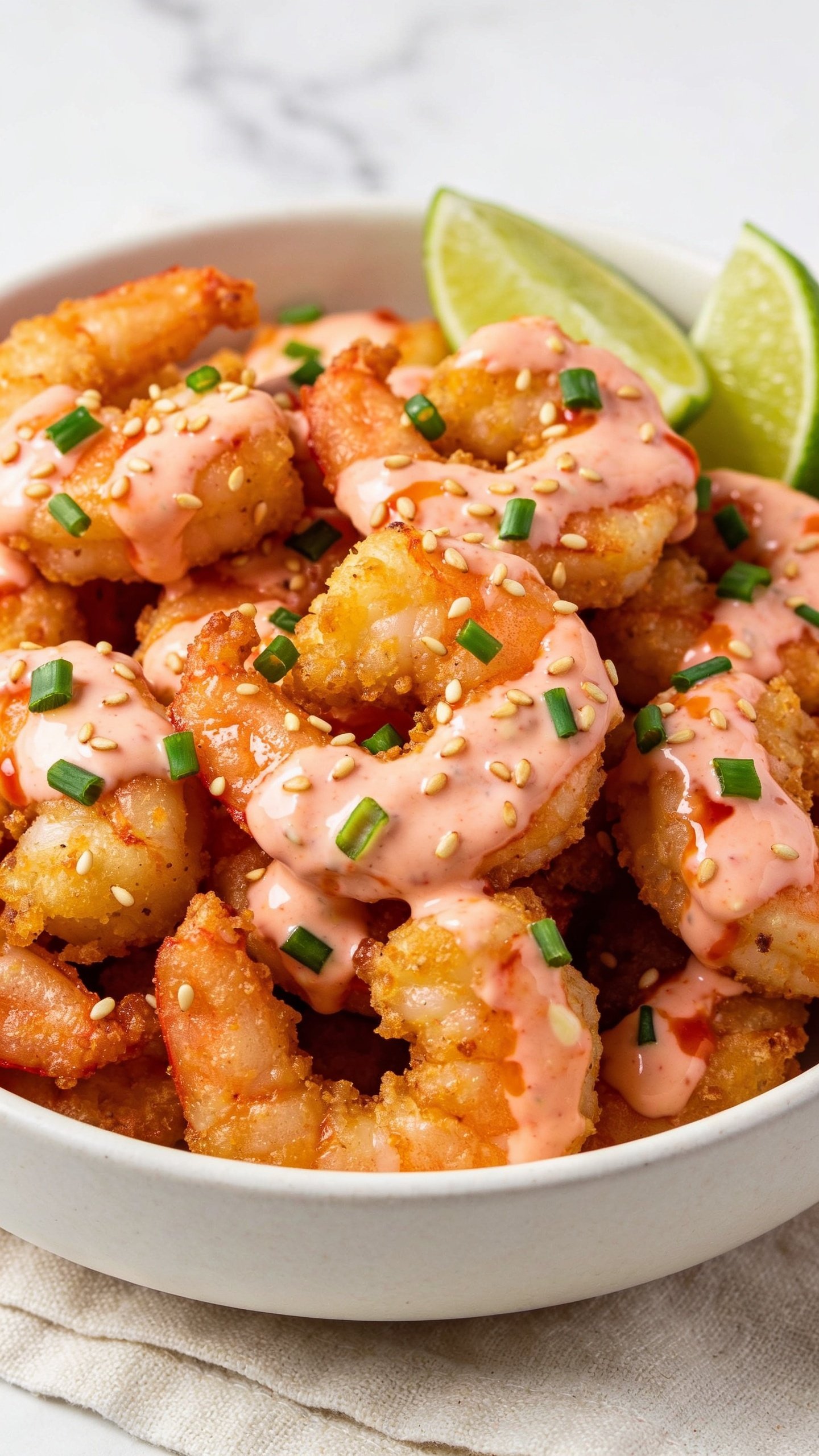 Ultra-close hero shot of High Protein Bang Bang Shrimp: golden air-fried shrimp piled high in a shallow matte-white bowl, each piece coated in a glossy creamy pink-orange bang bang sauce made with Greek yogurt, a touch of mayo, sweet chili, and sriracha; sprinkled with finely sliced green onions and a light scatter of toasted sesame seeds; a few lime wedges tucked at the rim; set over a neutral light linen with a faint marble backdrop. Bright natural side lighting, shallow depth of field, crisp textures on the shrimp, glossy sauce sheen, vibrant color contrast, food filling 90â95% of frame, premium food-blog styling, no text on image.