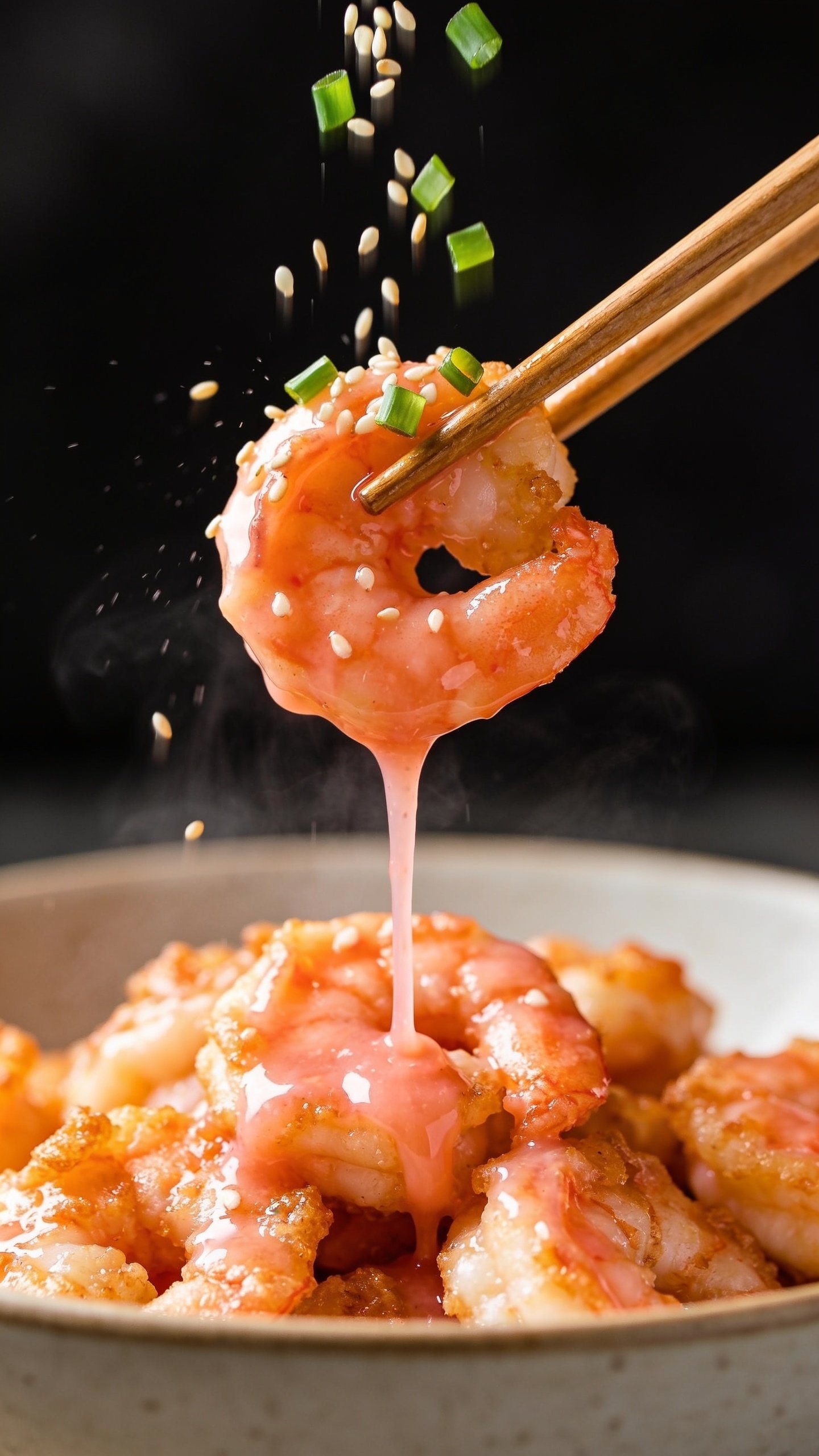 Dynamic action close-up: a pair of wooden chopsticks lifting a single perfectly sauced shrimp above the same bowl of High Protein Bang Bang Shrimp, strands of glossy pink-orange sauce slowly trailing back to the pile; micro-beads of sauce glistening; steam subtly visible; a gentle rain of finely sliced green onions and sesame seeds falling midair onto the shrimp; background softly blurred with the remaining shrimp underneath. Bright natural lighting, shallow depth of field, high contrast on crispy edges and creamy glaze, food filling 90â95% of frame, no hands, no text on image.