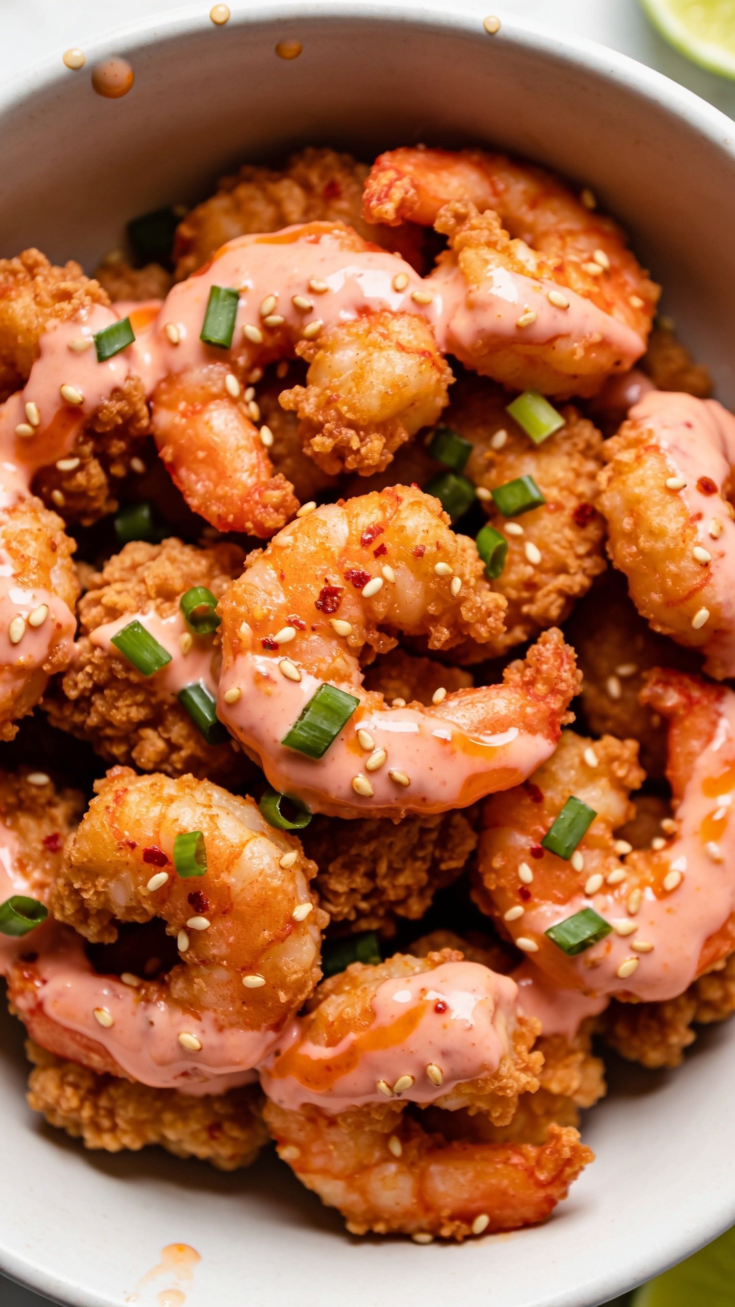 Tight macro angle from slightly overhead: a dense cluster of the same bang bang shrimp nestled in the matte-white bowl, showcasing craggy, ultra-crispy breading under a luscious pink-orange yogurt-chili-sriracha glaze pooling lightly in crevices; scattered green onions, toasted sesame seeds, and a faint shine of fresh lime mist; tiny sauce droplets on the rim for realism. Bright natural lighting, shallow depth of field, rich textures and vibrant colors consistent with the hero image, food filling 90â95% of frame, no text on image.