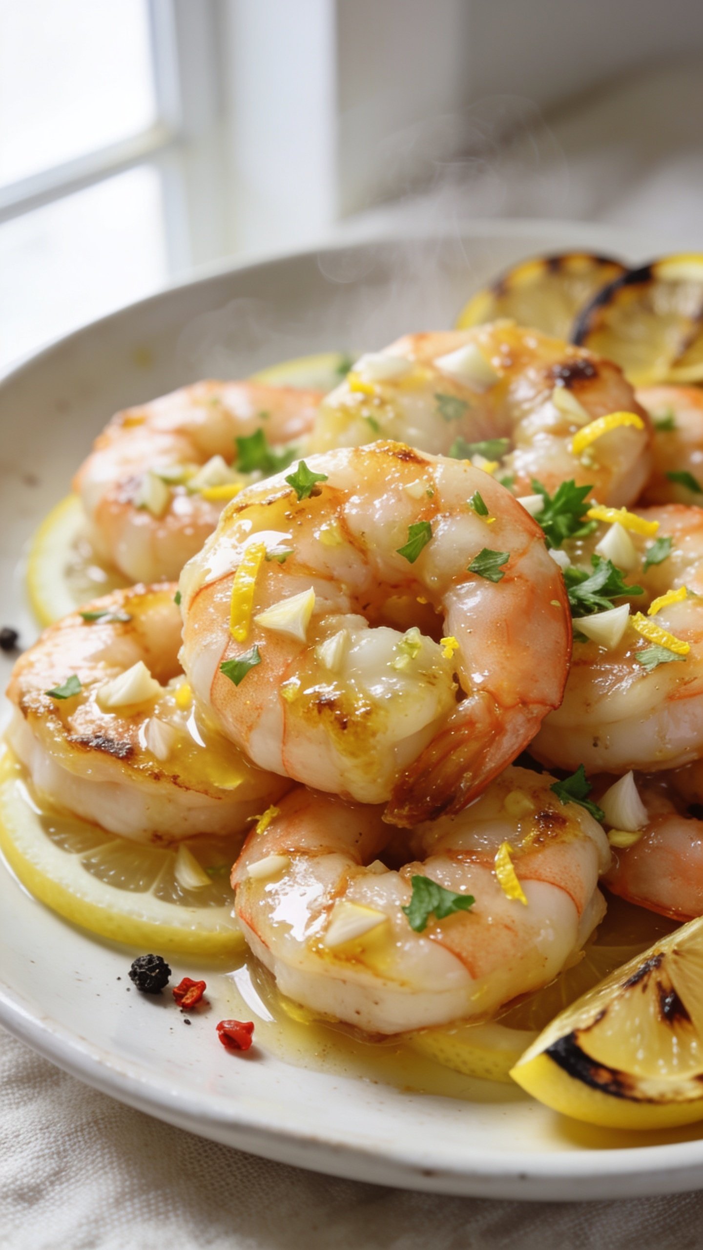Extreme close-up hero shot of high-protein lemon garlic shrimp: plump, pan-seared large shrimp with a light golden edge and glossy garlic-lemon butter glaze, scattered with finely minced fresh garlic, flecks of lemon zest, and a sprinkle of chopped flat-leaf parsley. Nestle the shrimp tightly on a shallow white ceramic plate with thin lemon slices peeking underneath and a few charred lemon wedges at the edge. Visible coarse black pepper and tiny red pepper flakes for contrast. Bright natural window light from the left, soft fill from the right, shallow depth of field focusing on the front center shrimp, bokeh on the back. The food fills 90–95% of the frame, capturing juicy textures, glistening sauce, and steam subtly rising, premium food-blog styling on a light linen surface.