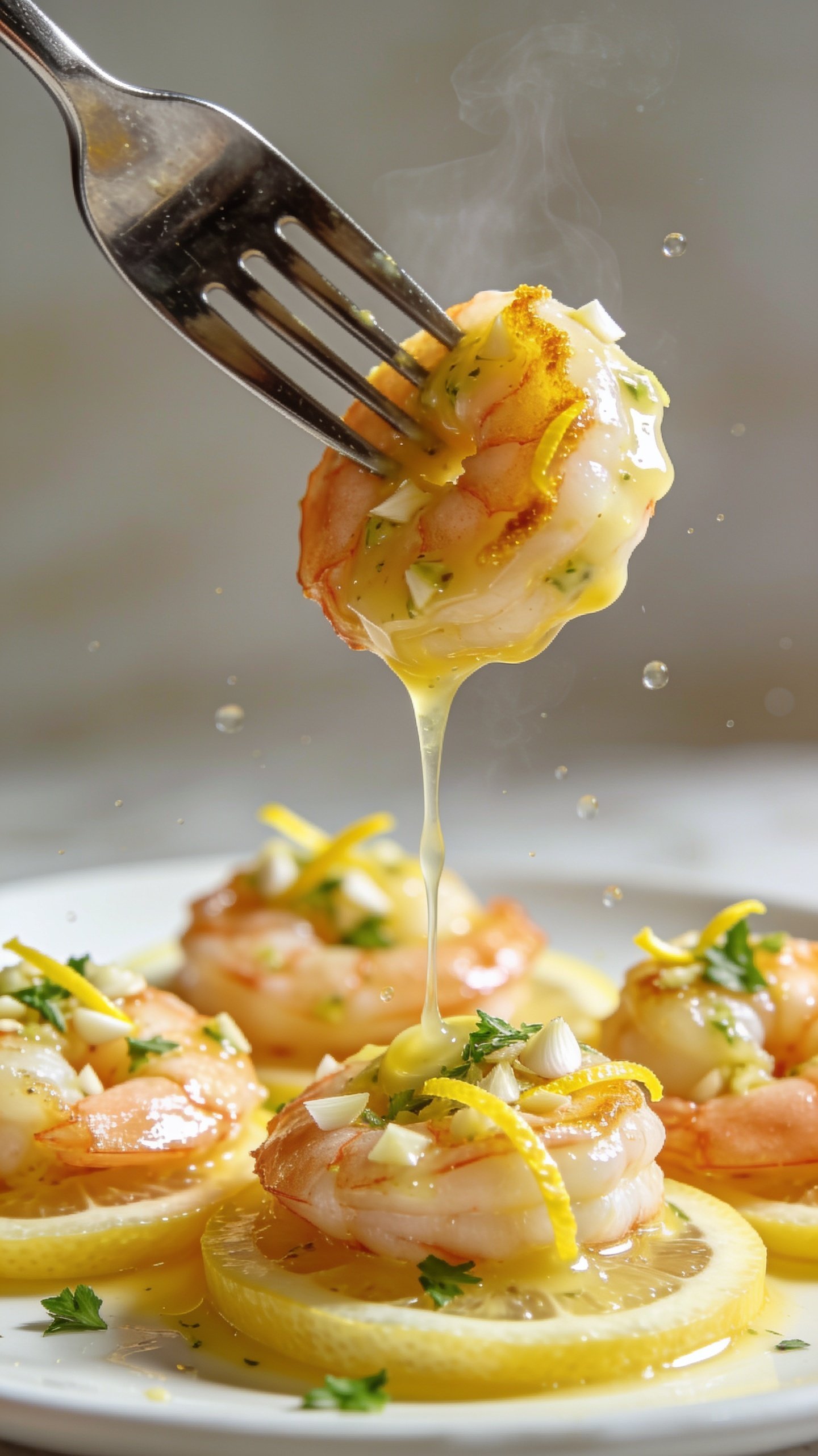Action close-up: a polished dinner fork lifting the perfect bite—one plump golden-edged shrimp coated in glossy lemon-garlic butter—with a delicate ribbon of sauce slowly dripping back toward the plate below. In the blurred background, more shrimp glisten with minced garlic, lemon zest, and chopped parsley over thin lemon rounds. A few micro-droplets of sauce caught midair, tiny steam wisps visible, bright natural side light, shallow depth of field locked on the lifted shrimp. No hands or people visible; only the fork tip and the shrimp dominate the frame, food filling 90–95% with dynamic movement and irresistible sheen.