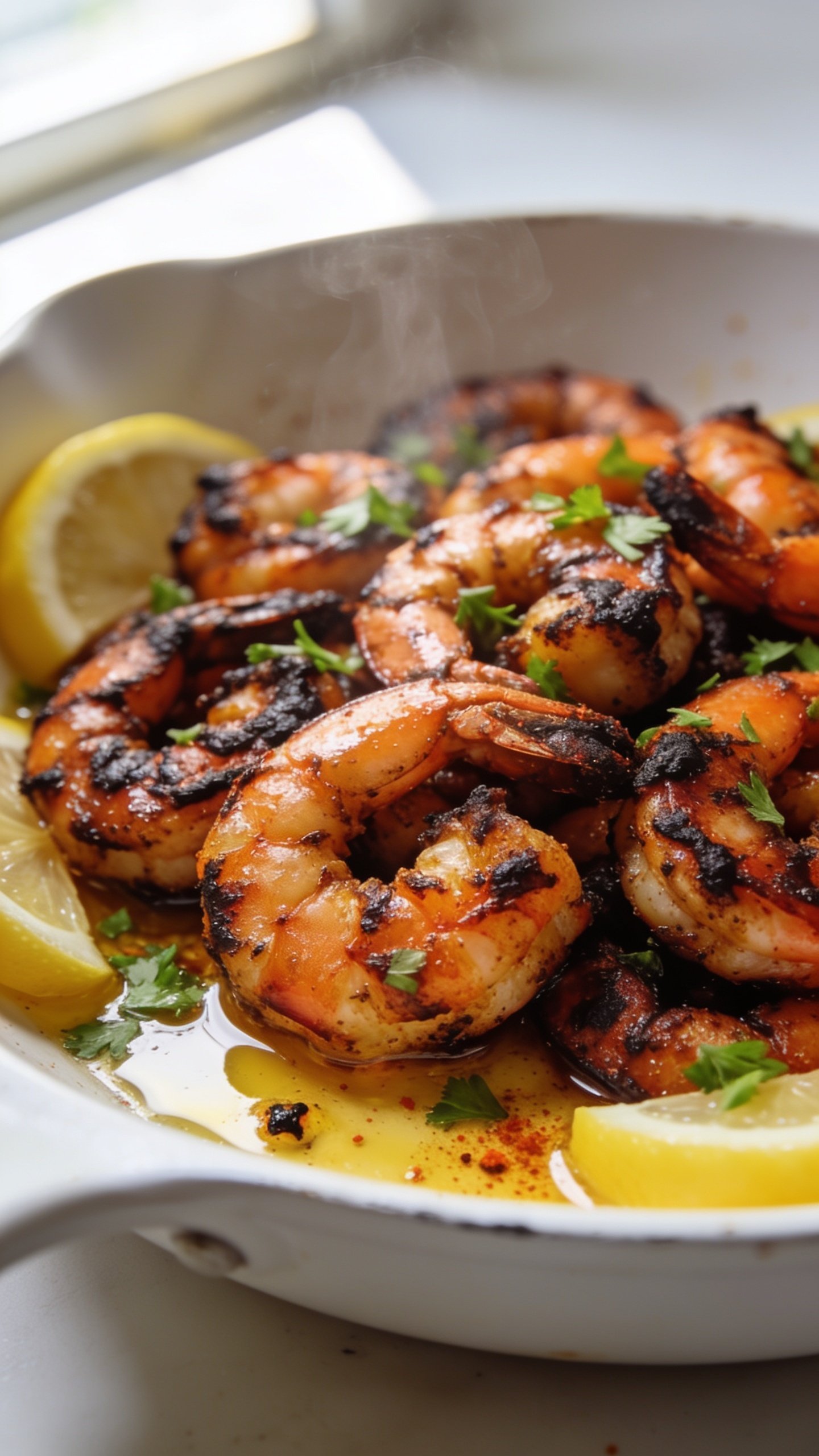 Ultra-close hero shot of high-protein blackened shrimp piled in a shallow white skillet, each shrimp curled and coated in a deep mahogany-blackened crust with glistening spice oil, garnished with freshly chopped parsley and thin lemon wedges tucked along the edges; a light gloss of melted butter pooling at the bottom, tiny charred bits and paprika flecks visible on the shrimp; bright natural window light from the left, soft shadows, shallow depth of field focusing on the front shrimp; steam subtly rising; background minimal and blurred to pure light neutrals; premium food-blog styling, vibrant oranges and browns against the white pan, food filling 90–95% of the frame, no text.