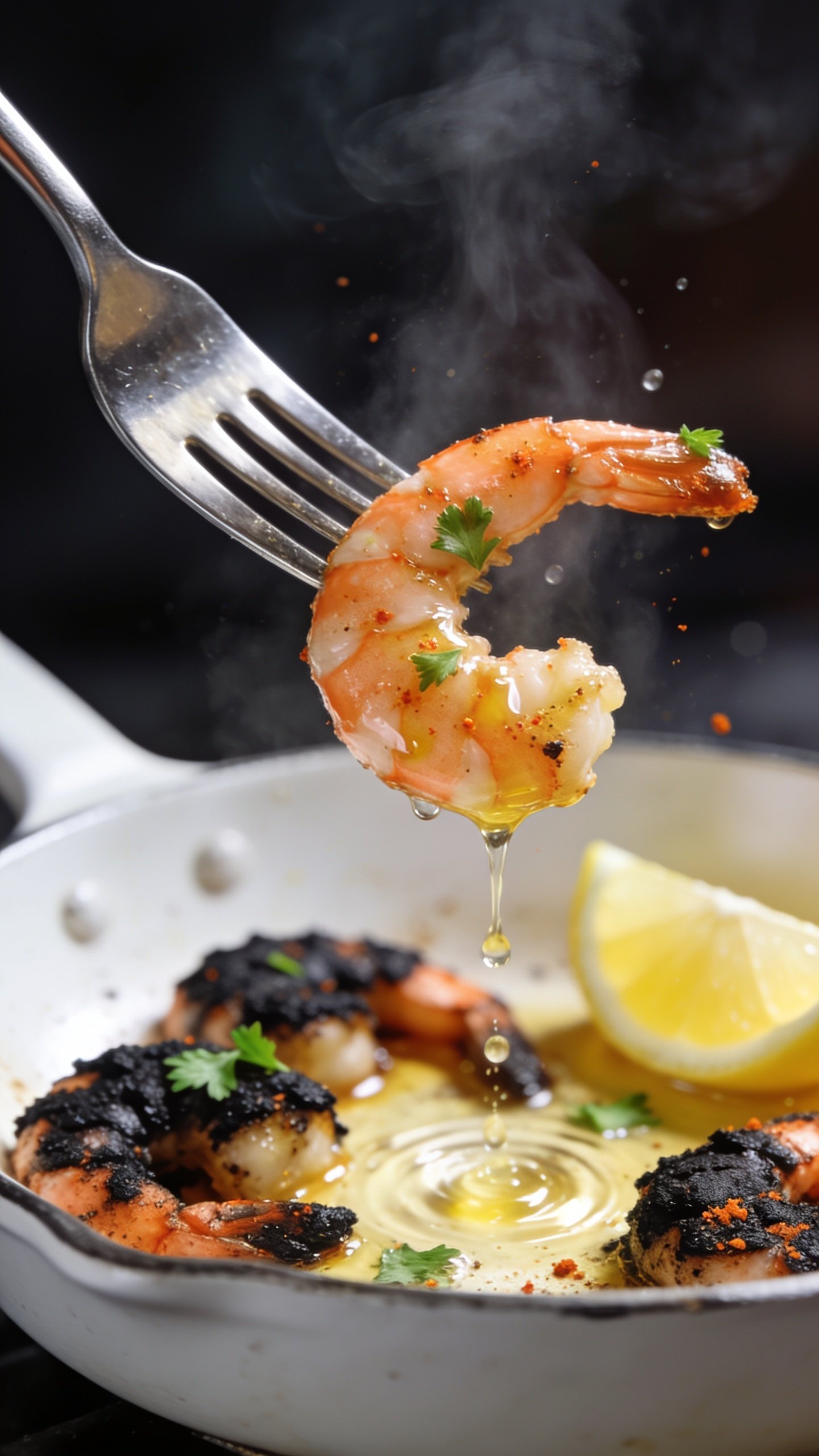 Dynamic action close-up of the same blackened shrimp in the same white skillet at the exact moment a shiny dinner fork lifts a single perfect shrimp from the buttery pan, the shrimp dripping glossy garlic-lemon butter back into tiny ripples below; micro-beads of juice clinging to the spice-crusted surface, a few parsley leaves and paprika specks caught on the shrimp; a wedge of lemon in the pan glows in the blur; bright natural light, ultra-shallow depth of field centered on the lifted bite; steam rising, movement frozen one second before the bite; food and utensil fill 90–95% of the frame, no hands or people, premium magazine-level styling, no text.