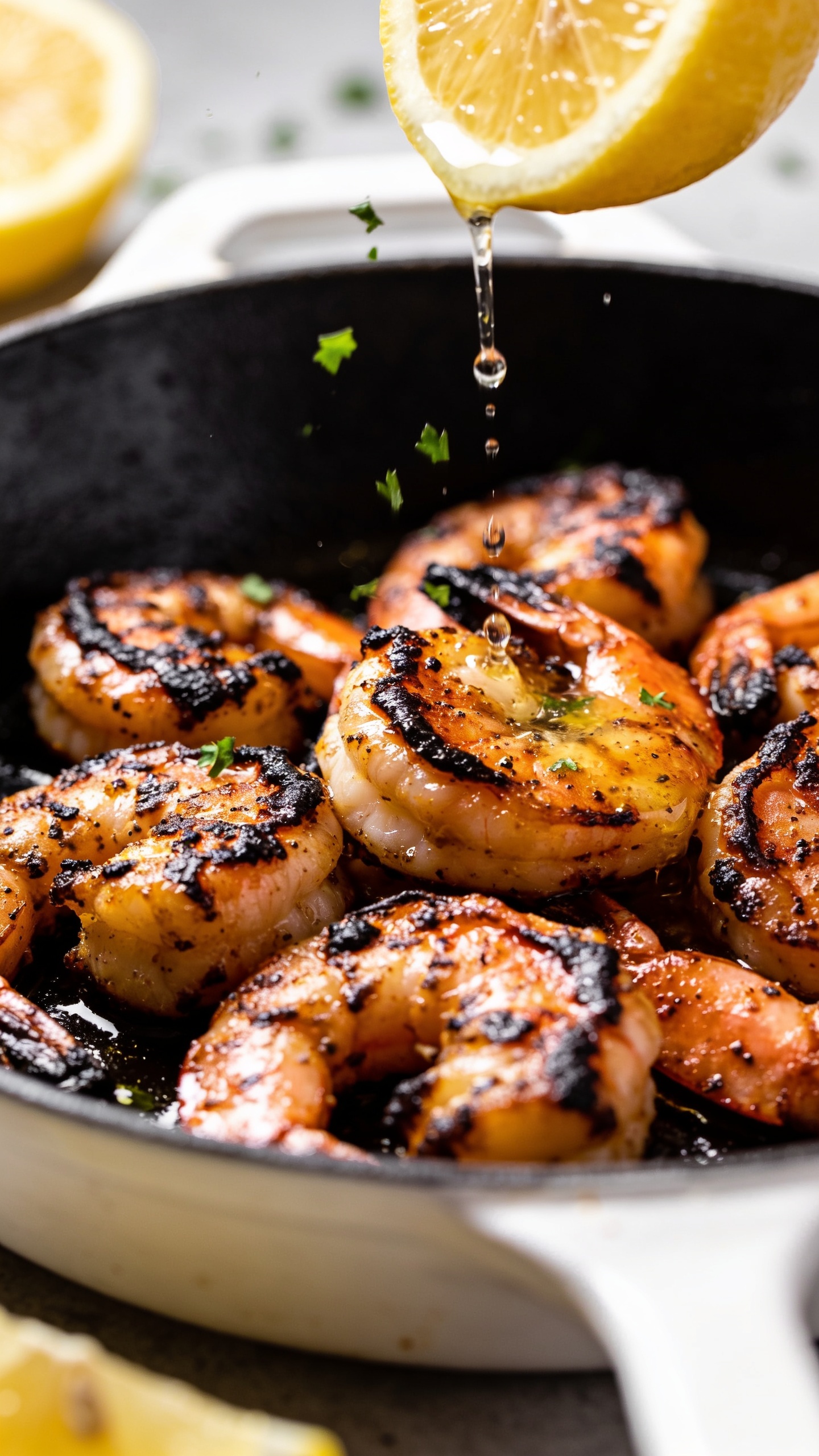 Extreme close-up from a lower angle across the skillet, showcasing a tight cluster of the same glossy blackened shrimp with crisped edges, visible char speckles, and a light buttery sheen; a fresh squeeze of lemon mid-drizzle captured as shimmering droplets landing on the shrimp, tiny parsley confetti falling through the frame; warm highlights on the oil, deep shadows in the spice crust; bright natural side light, shallow depth of field keeping the front row tack sharp; food fills 90–95% of the frame, cohesive styling with the same white skillet and lemon accents, no text.