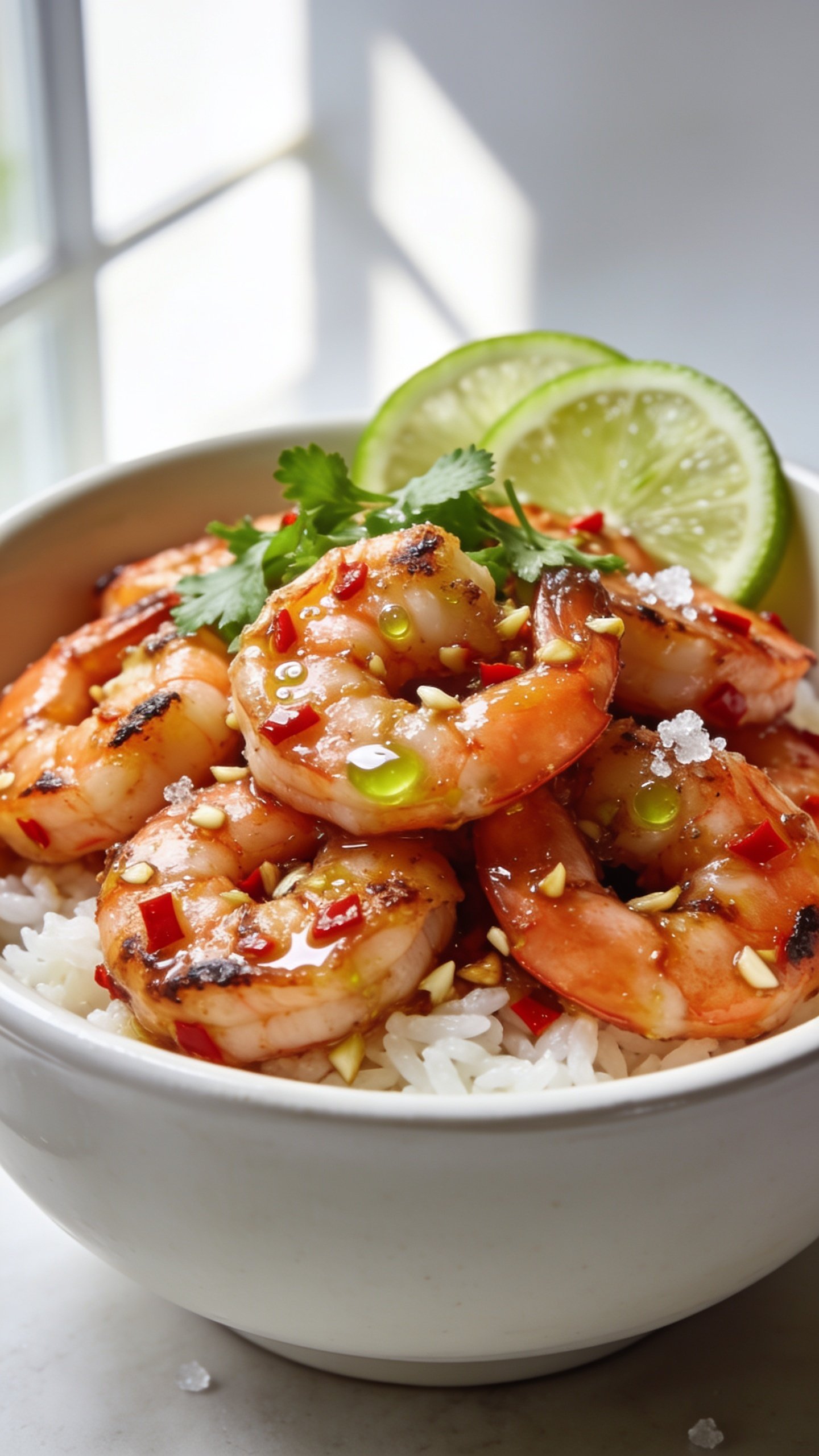 Ultra close-up hero shot of high-protein chili lime shrimp piled in a shallow white ceramic bowl over a small bed of fluffy white rice, glistening with a glossy chili-lime-garlic glaze. Plump seared shrimp with light charred edges and a deep coral hue, tiny red chili flakes and minced garlic clinging to the surface, micro-beads of lime juice visible. Garnished with fresh chopped cilantro and ultra-thin lime wheels tucked at the rim, a few coarse sea salt crystals catching the light. Bright natural window light from the left, soft shadows to the right, shallow depth of field with the front shrimp tack-sharp. No text, no hands, premium food-blog styling, 90â95% of the frame filled with the dish.