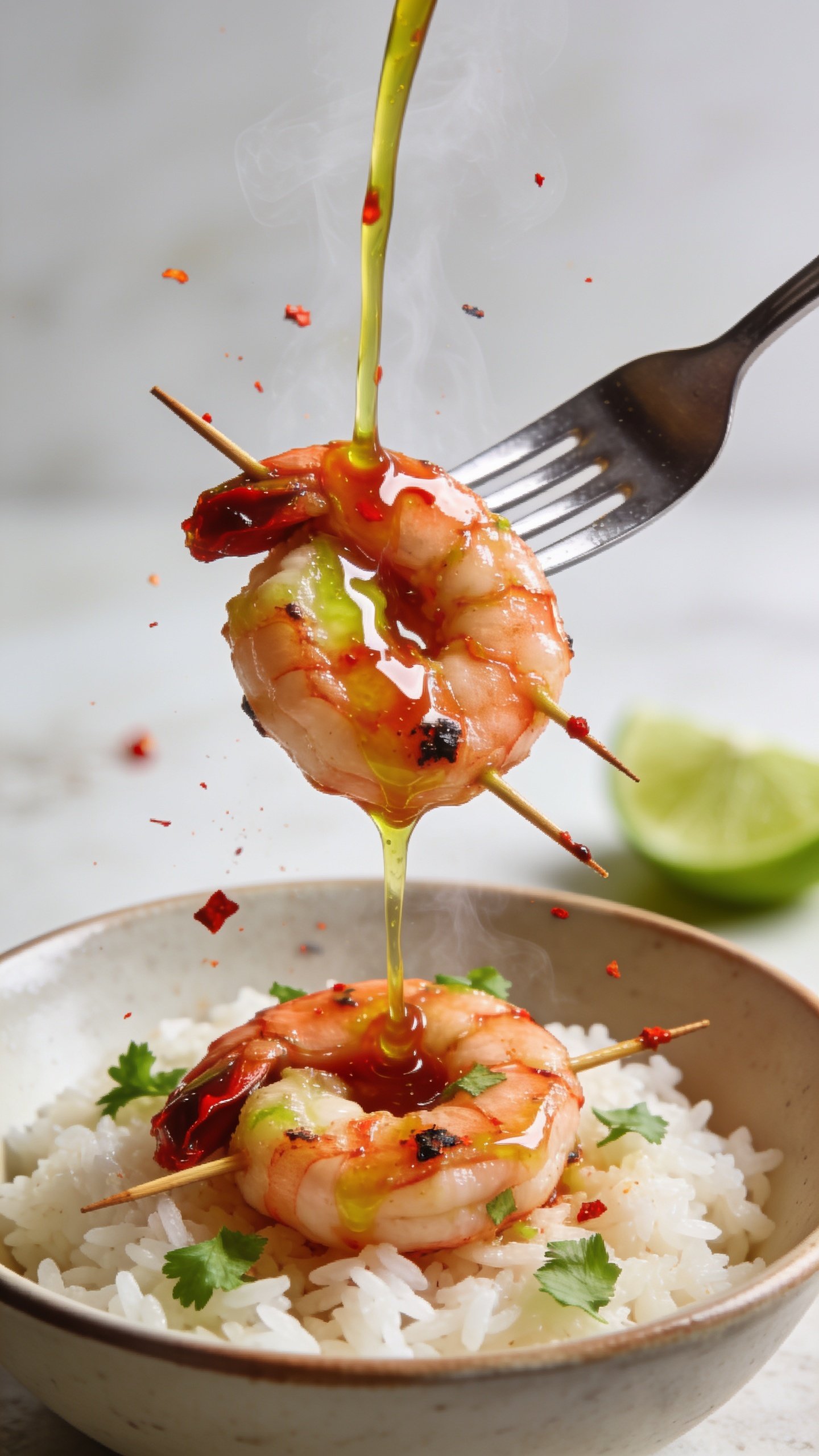 Dynamic action close-up capturing a fork lifting the perfect bite: two glossy chili-lime shrimp skewered and rising from the same bowl of rice, a ribbon of shiny chili-lime glaze slowly dripping from the curve of a shrimp back into the bowl. Steam faintly rising, crushed red pepper and specks of char visible, cilantro confetti on the shrimp and rice below, a lime wedge blurred in the background. Bright natural light, shallow depth of field with the lifted shrimp in razor focus, utensil only (no hands), mouthwatering tension one second before the bite, 90â95% of the frame filled with food.