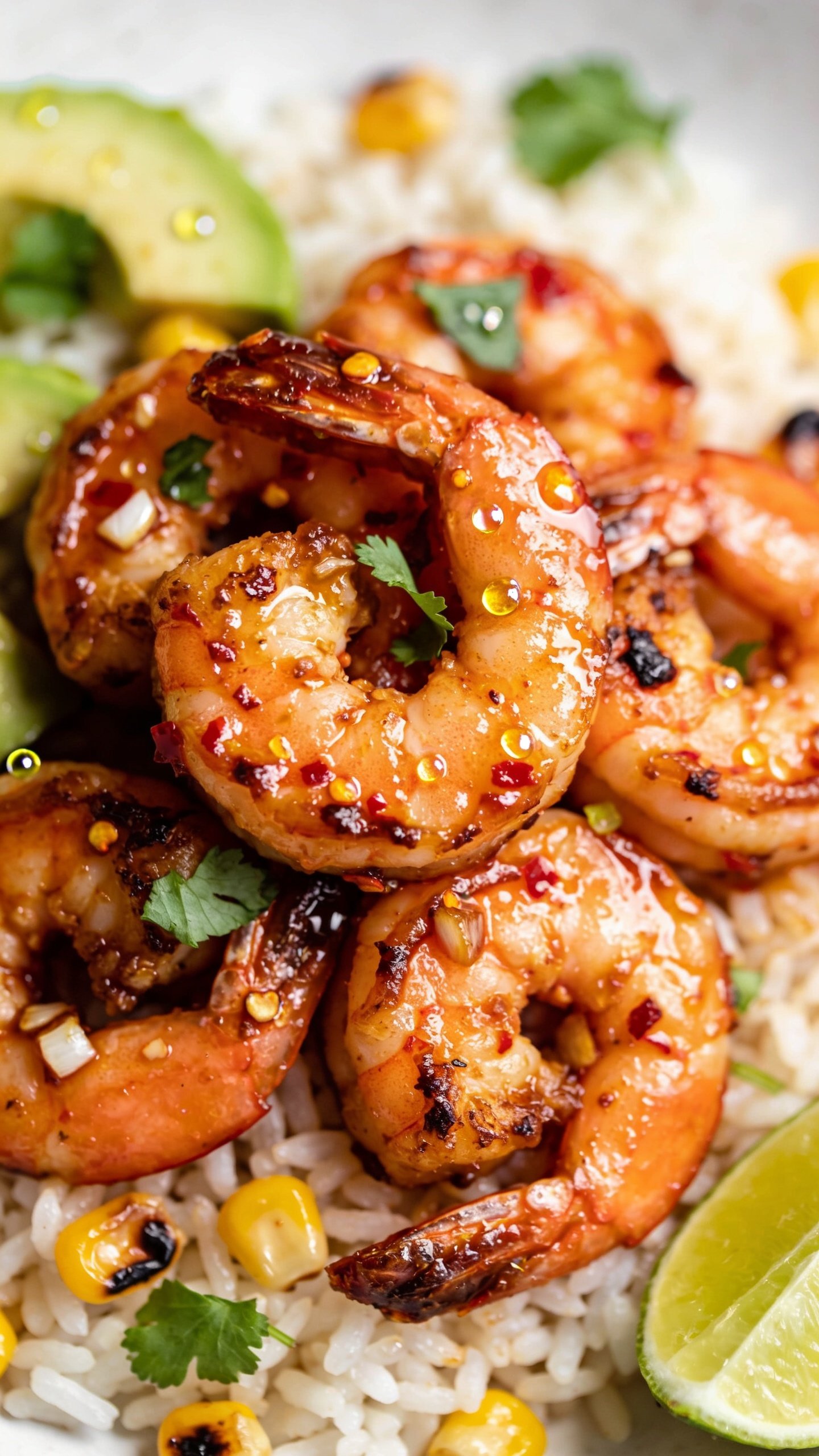 Macro angle from slightly overhead and to the side, focusing on a tight cluster of chili lime shrimp nestled on rice with a few charred corn kernels and avocado slices as subtle accents for color continuity. Shrimp are lacquered with a sticky chili-lime-honey glaze, caramelized edges, visible garlic bits, and chili flakes; micro droplets of lime juice sparkle on the surface. Fresh cilantro leaves scattered, a lightly squeezed lime half at the edge, bokeh background. Bright natural light, shallow depth of field, rich textures and vibrant oranges, greens, and whites, 90â95% of the frame filled with the finished dish, same styling as the other images.