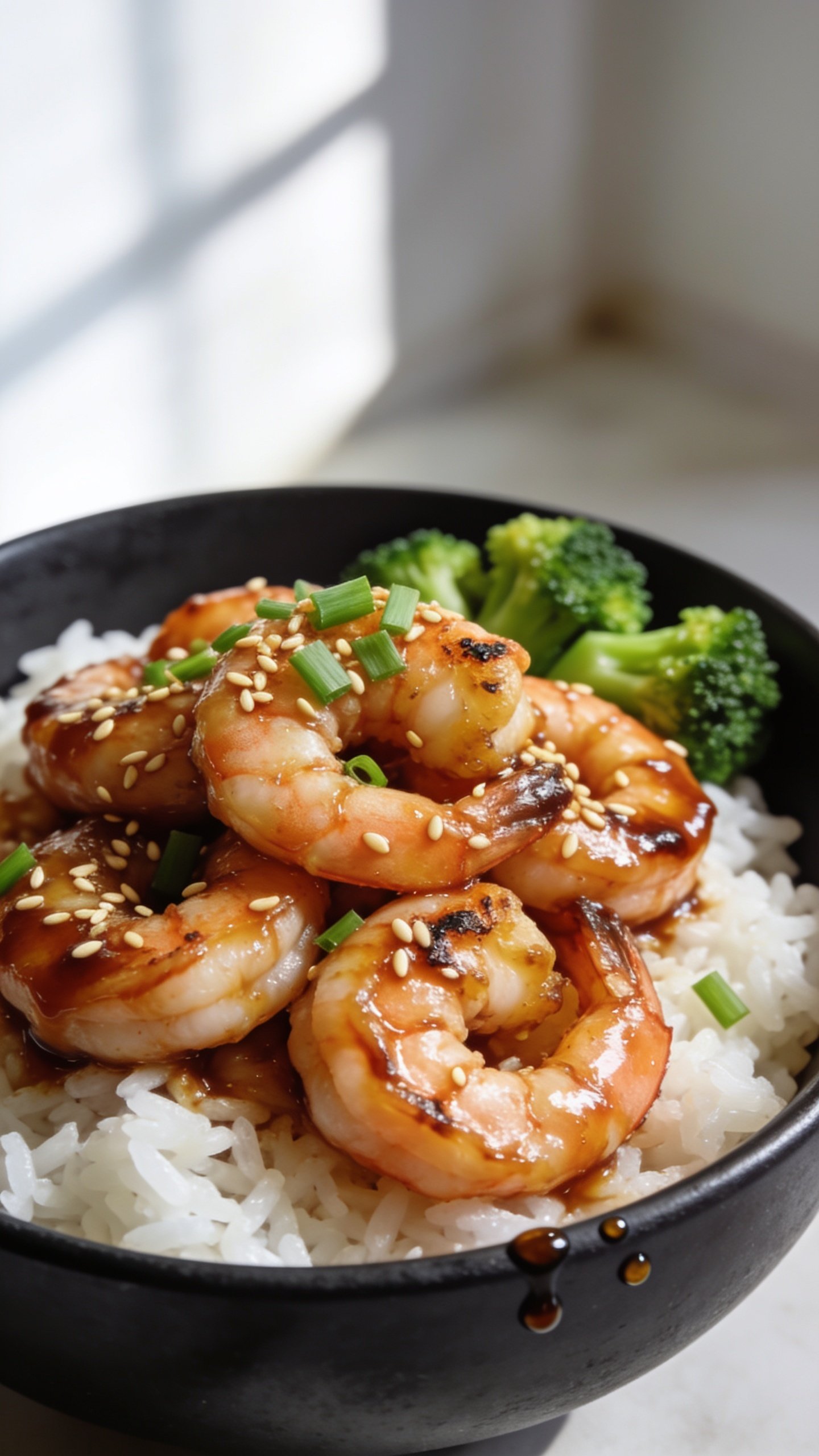 Extreme close-up hero shot of glossy high-protein teriyaki shrimp piled over fluffy white jasmine rice in a shallow matte-black bowl, generously sauced with a thick, lacquered teriyaki glaze clinging to each curled shrimp; scattered toasted sesame seeds and finely sliced green onions on top, a few bright-steamed broccoli florets tucked to the side for color, tiny droplets of glaze on the rim; bright natural window light from the left, soft shadows, shallow depth of field with the front shrimp in razor focus showing juicy texture and light char, background gently blurred; no hands, no text, premium food-blog styling, food filling 90â95% of frame.