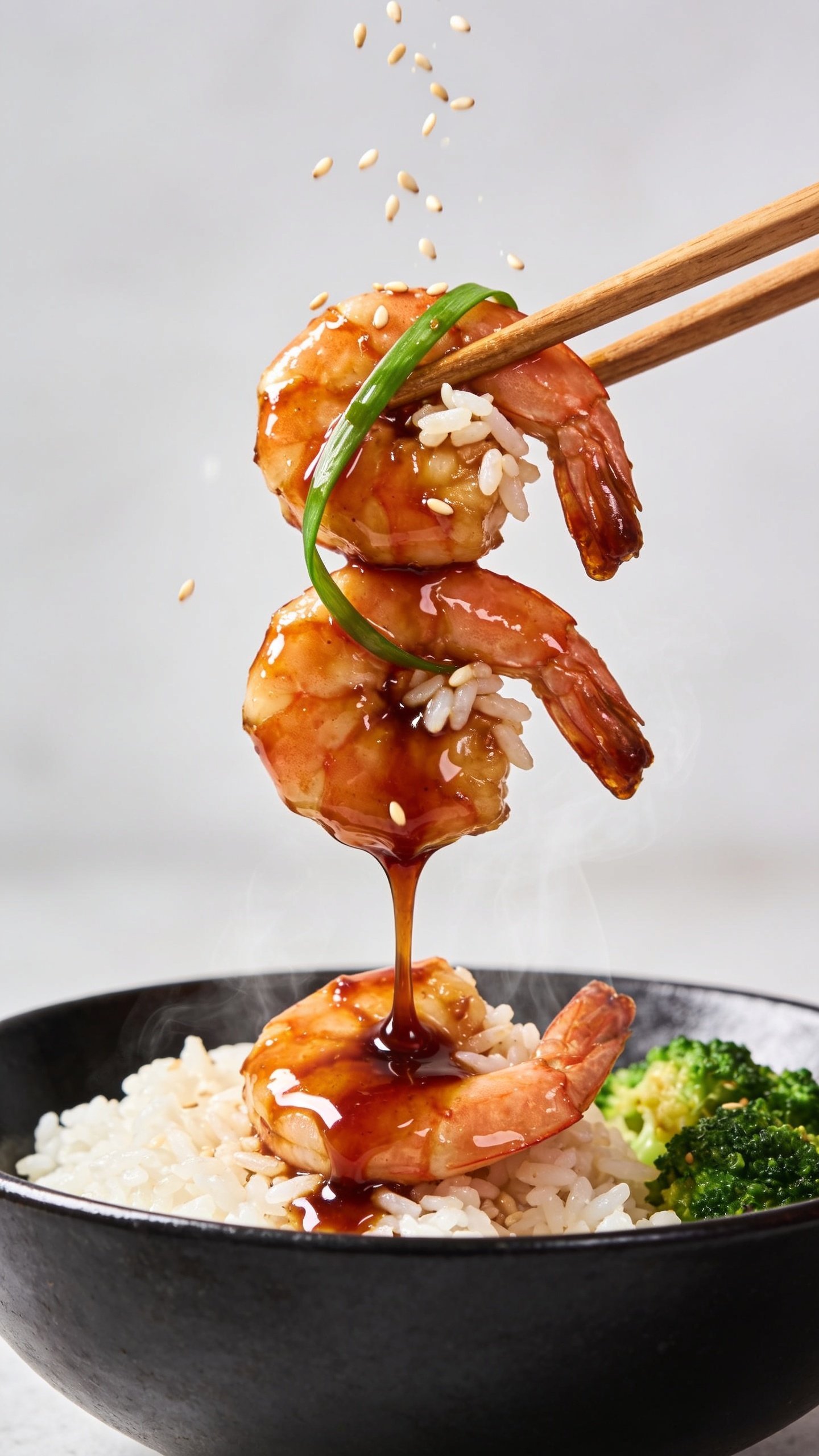 Dynamic action close-up of wooden chopsticks lifting the perfect bite: two glossy teriyaki shrimp stacked with a few rice grains clinging, a strand of green onion draped over, thick mahogany glaze dripping in a slow, silky ribbon back into the bowl below; steam subtly rising, toasted sesame seeds mid-fall sparkling in the light; same matte-black bowl with shrimp over jasmine rice and a pop of broccoli visible beneath, food filling 90â95% of frame; bright natural light, shallow depth of field, movement frozen one second before the bite, no hands or faces, premium magazine cover energy.