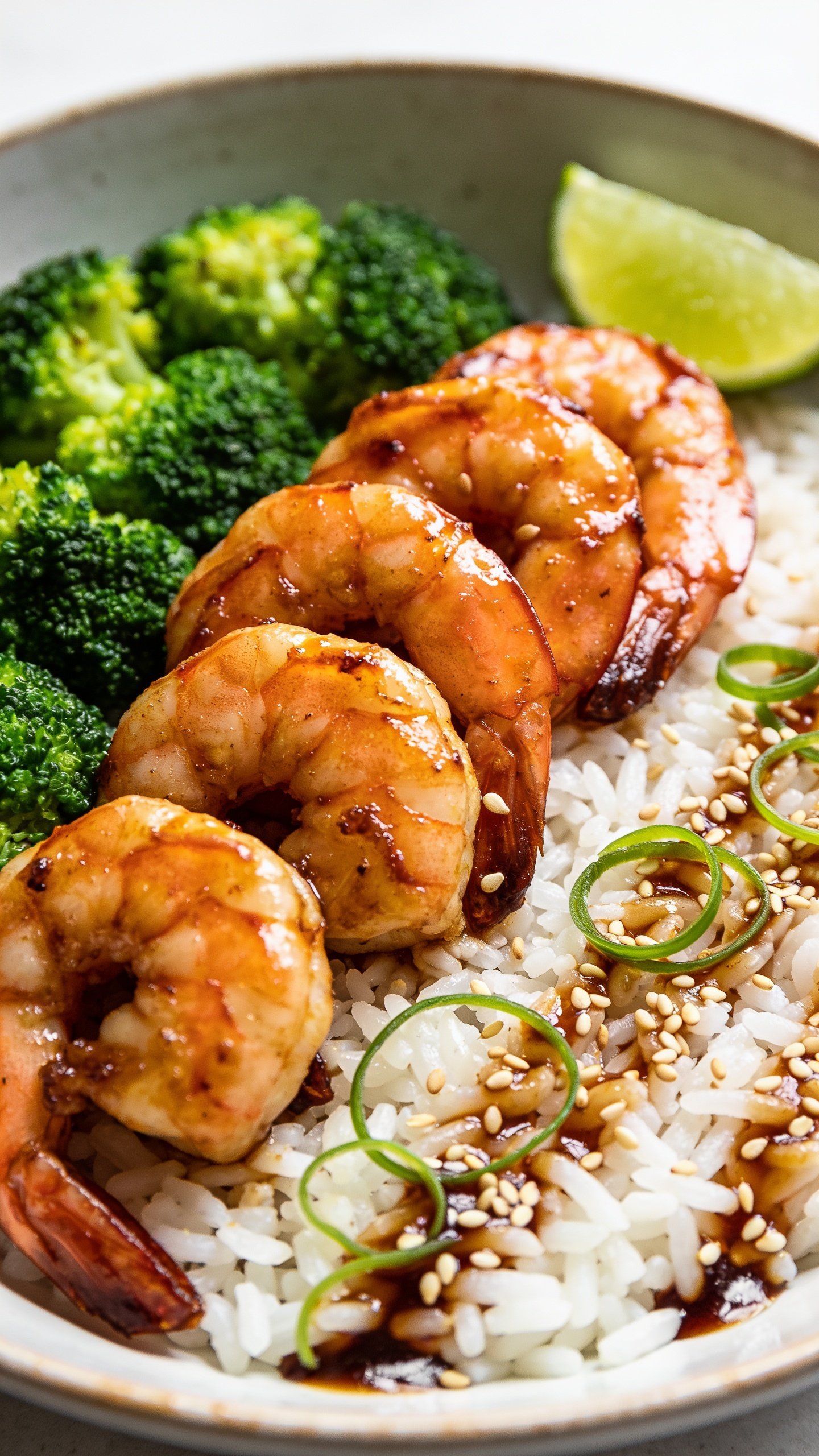 Tight 45-degree angle macro of the plated dish showing a fan of caramelized, plump teriyaki shrimp nestled atop jasmine rice with a neat edge of vivid broccoli florets; sauce pooled and lightly brushed across the rice, micro-beads of glaze catching highlights, sesame seeds and thin green onion curls scattered for lift; a small wedge of lime at the rim for freshness; bright natural side light, shallow depth of field emphasizing the bouncy shrimp texture and glossy sheen, same bowl and styling as other images, food filling 90â95% of frame, no text or people.