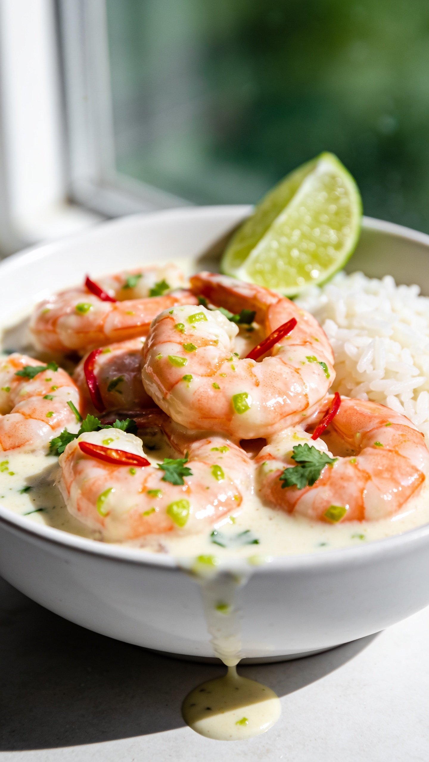 Ultra-close hero shot of High Protein Coconut Lime Shrimp: plump pink shrimp nestled in a glossy, creamy coconut-lime sauce with tiny lime zest flecks, thin slices of red chili for gentle heat, and a confetti of fresh cilantro. Serve in a shallow white bowl to pop the colors, with a small lime wedge tucked at the rim and a mound of fluffy jasmine rice partially visible on the side of the bowl. Sauce lightly pools and clings to shrimp, showing silky texture and glistening highlights. Bright natural window light from the left, soft shadows, shallow depth of field focusing on the front shrimp, blurred background with hints of green. Premium food-blog styling, 90–95% of the frame filled with the dish, no text, no hands.