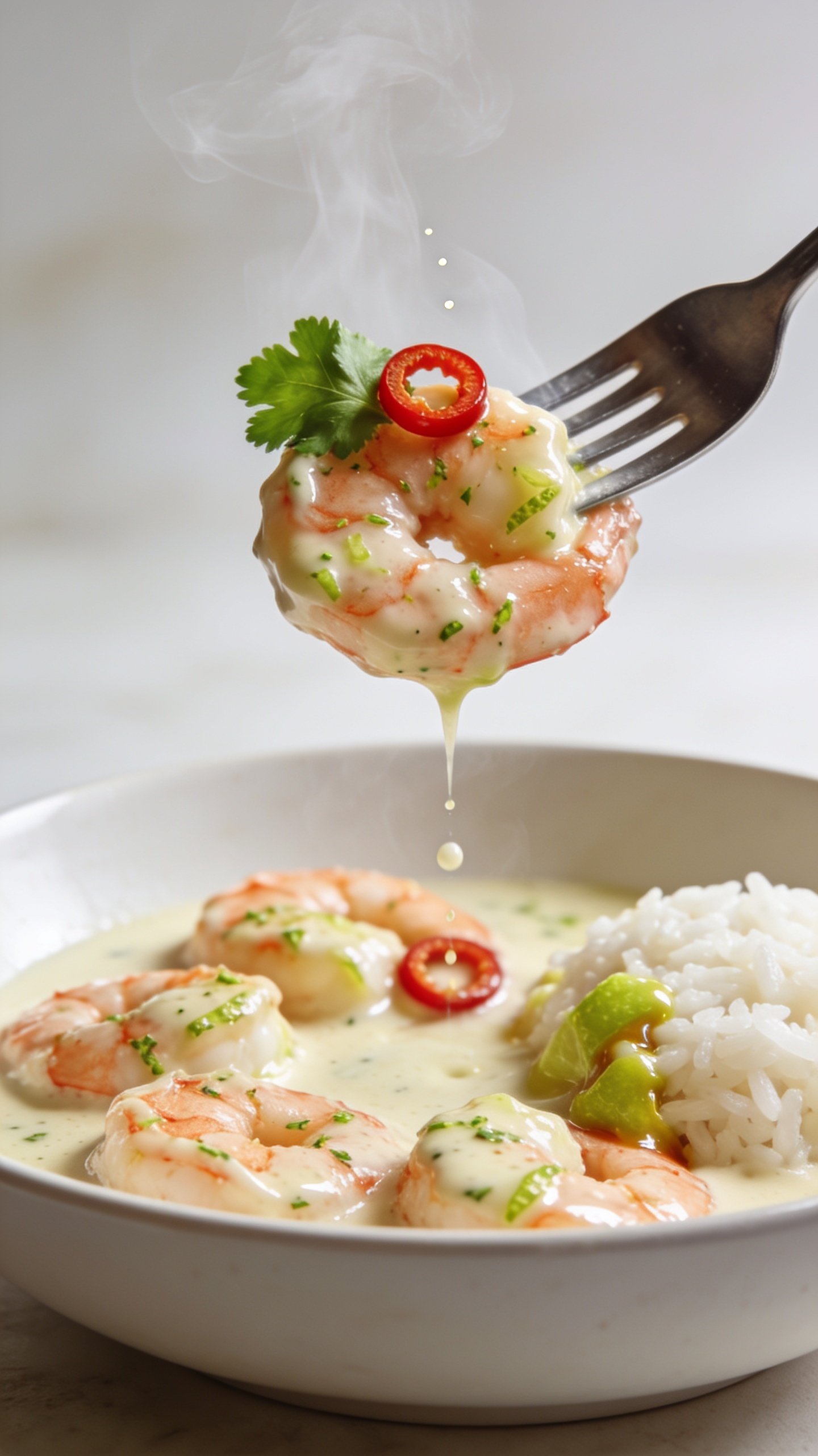 Dynamic action close-up: a fork lifting the perfect bite—one meaty shrimp coated in glossy coconut-lime sauce with visible lime zest speckles, a wisp of steam rising, and a few micro droplets of sauce stretching in a delicate trail back to the bowl. A single cilantro leaf and a tiny ring of red chili cling to the shrimp. Below, the shallow white bowl brims with more shrimp in creamy sauce and a corner of jasmine rice soaking up the glaze. Bright natural side light, shallow depth of field with the lifted shrimp in razor focus, background softly blurred. Food fills 90–95% of the frame, no hands or faces, just the utensil tip and food.