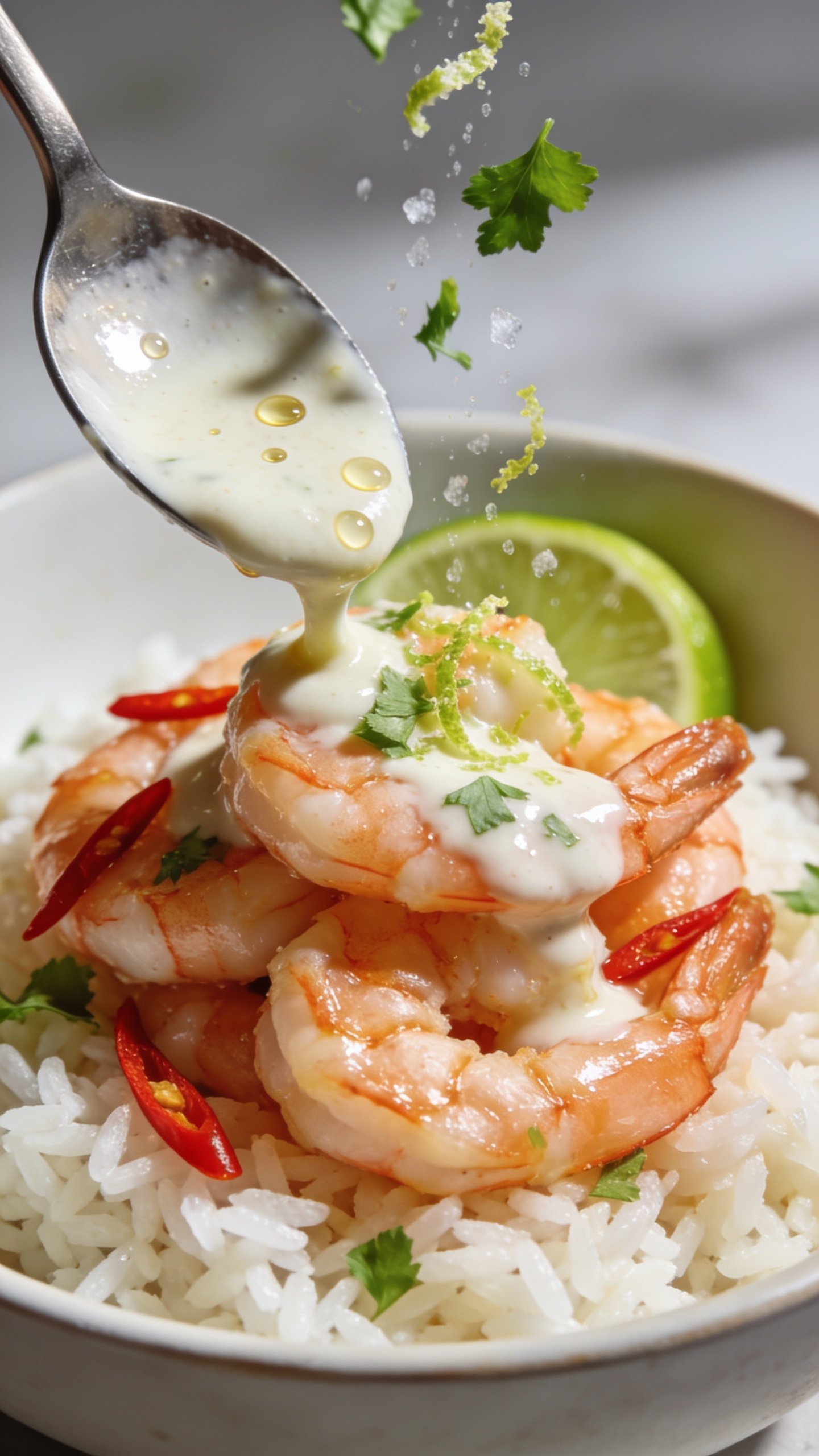 Macro angled close-up from the opposite side: shrimp layered over jasmine rice with the coconut-lime sauce spooned over, showing luscious sheen and tiny oil droplets catching the light. Freshly grated lime zest and a light sprinkle of chopped cilantro falling mid-air onto the shrimp, frozen in motion. A few thin red chili slices add contrast; a lime wedge peeks at the back edge of the bowl. Bright natural lighting, soft shadows, very shallow depth of field highlighting the saucy shrimp and falling herbs, 90–95% food in frame, cohesive with the same bowl and styling as the other images.