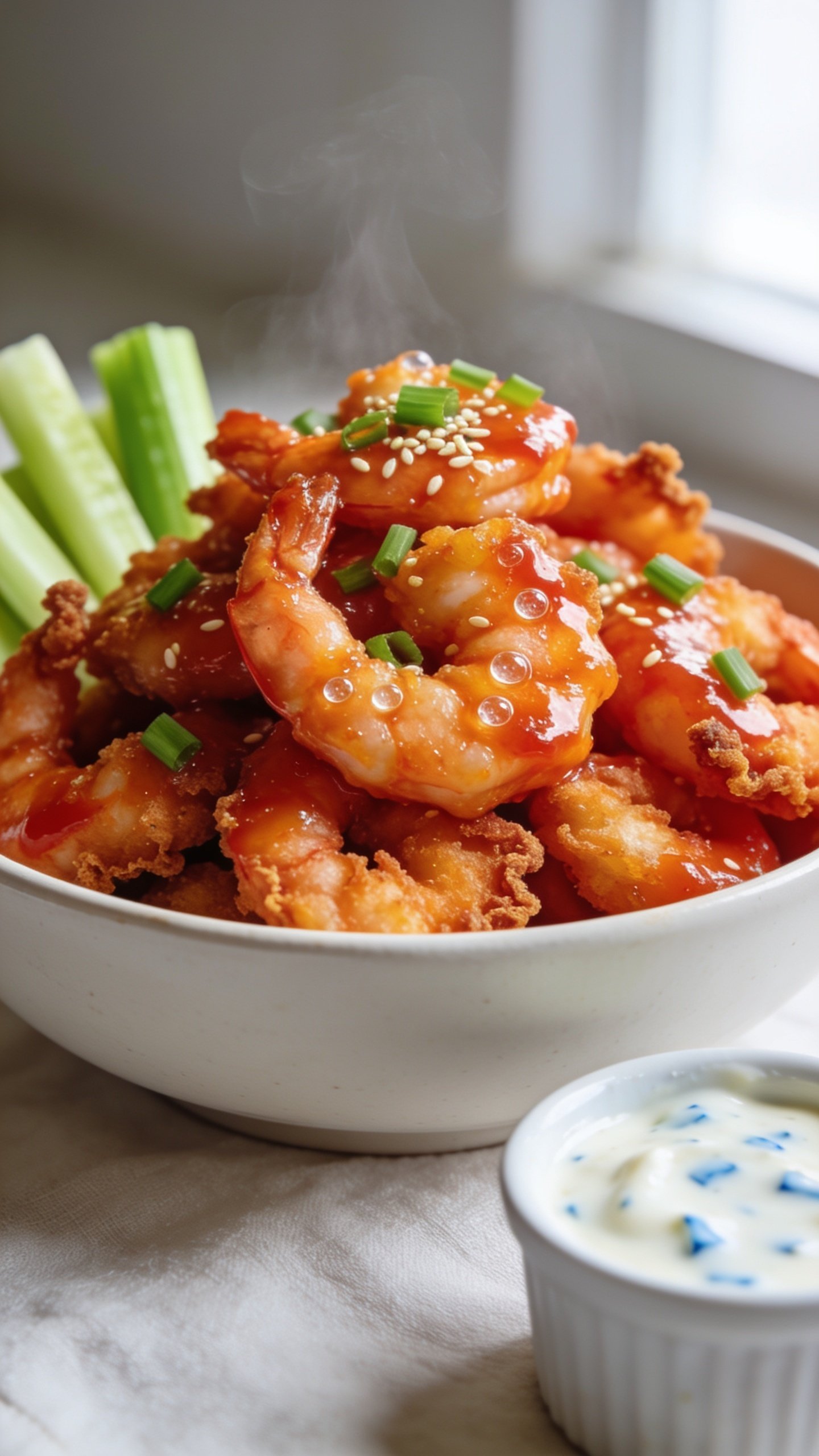 Ultra close-up hero shot of High Protein Buffalo Shrimp: a shallow white ceramic bowl piled high with crispy air-fried shrimp coated in a glossy, vibrant orange-red buffalo sauce, tiny bubbles of glaze catching bright natural window light; garnished with finely sliced green onions and a light sprinkle of sesame seeds; a few crisp celery sticks and a small ramekin of creamy light ranch/blue cheese dressing tucked to the side but out of focus; shrimp edges visibly craggy and crunchy under the sauce, faint steam rising; shallow depth of field with the front shrimp in razor focus, background softly blurred; premium food-blog styling on a clean, light linen surface, 90â95% of frame filled with the saucy shrimp.