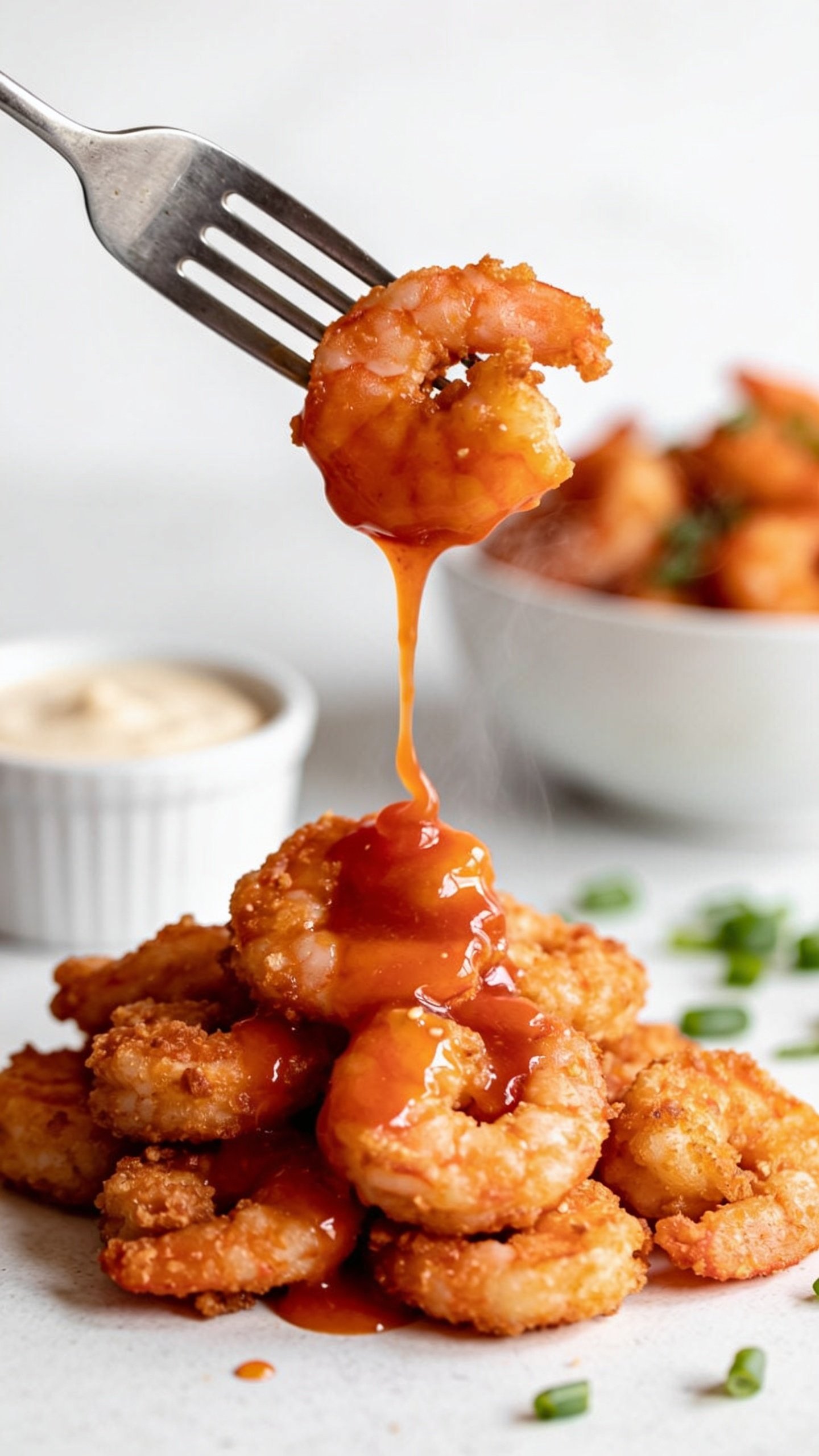 Dynamic action bite: extreme close-up of a fork lifting the perfect bite of crispy buffalo shrimp from the same white bowl, one saucy shrimp hooked on the tines with a glossy ribbon of orange-red buffalo sauce slowly dripping back toward the pile below; micro-beads of sauce gleaming, steam faintly visible; a blurred bowl of shrimp, thinly sliced green onions, and a ramekin of creamy dressing receding in the background; bright natural light, shallow depth of field, no hands or people, food filling 90â95% of the frame, capturing the one-second-before-the-bite anticipation.