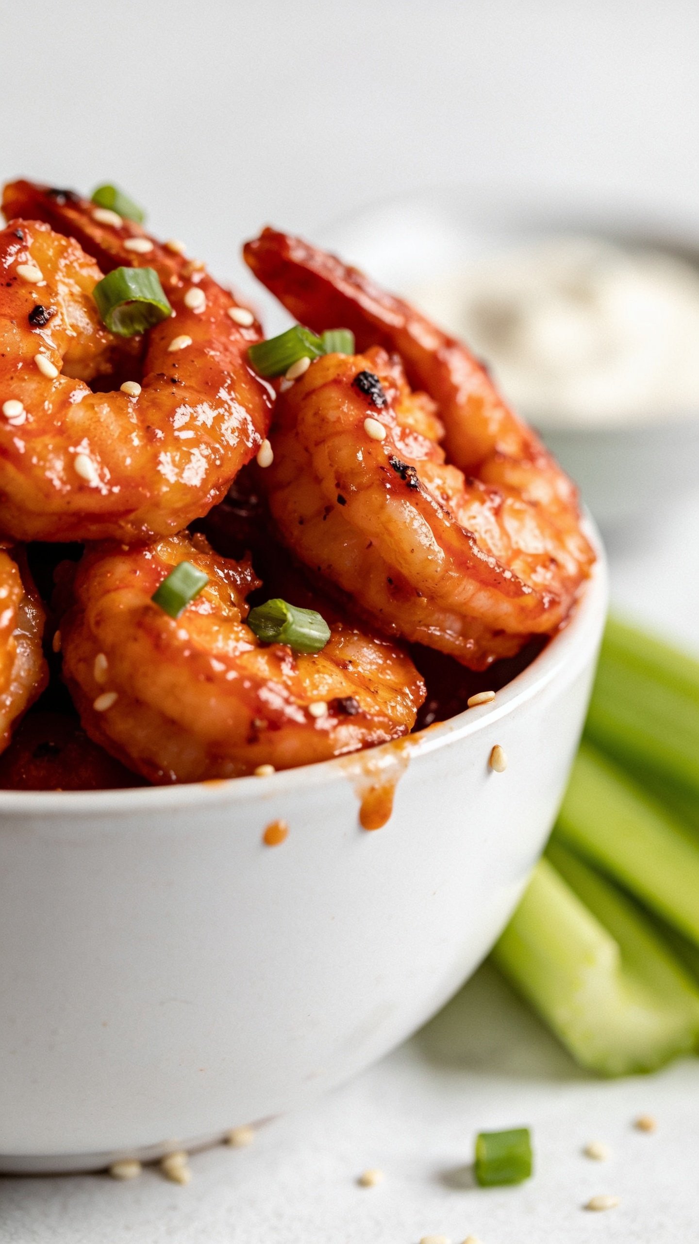 Macro texture close-up from a slightly angled side view: a tight cluster of the same buffalo shrimp in the white bowl, highlighting ultra-crispy ridges under the lacquered sauce, tiny charred spots from air-frying, and fresh green onion slices clinging to the glaze; a few sesame seeds and fine droplets of sauce scattered on the rim; soft bokeh of celery sticks and a small dish of creamy dressing in the background; bright natural lighting emphasizing shine and moisture, shallow depth of field, rich orange-red hues and vibrant greens, food dominating 90â95% of the frame, consistent styling with the first images.