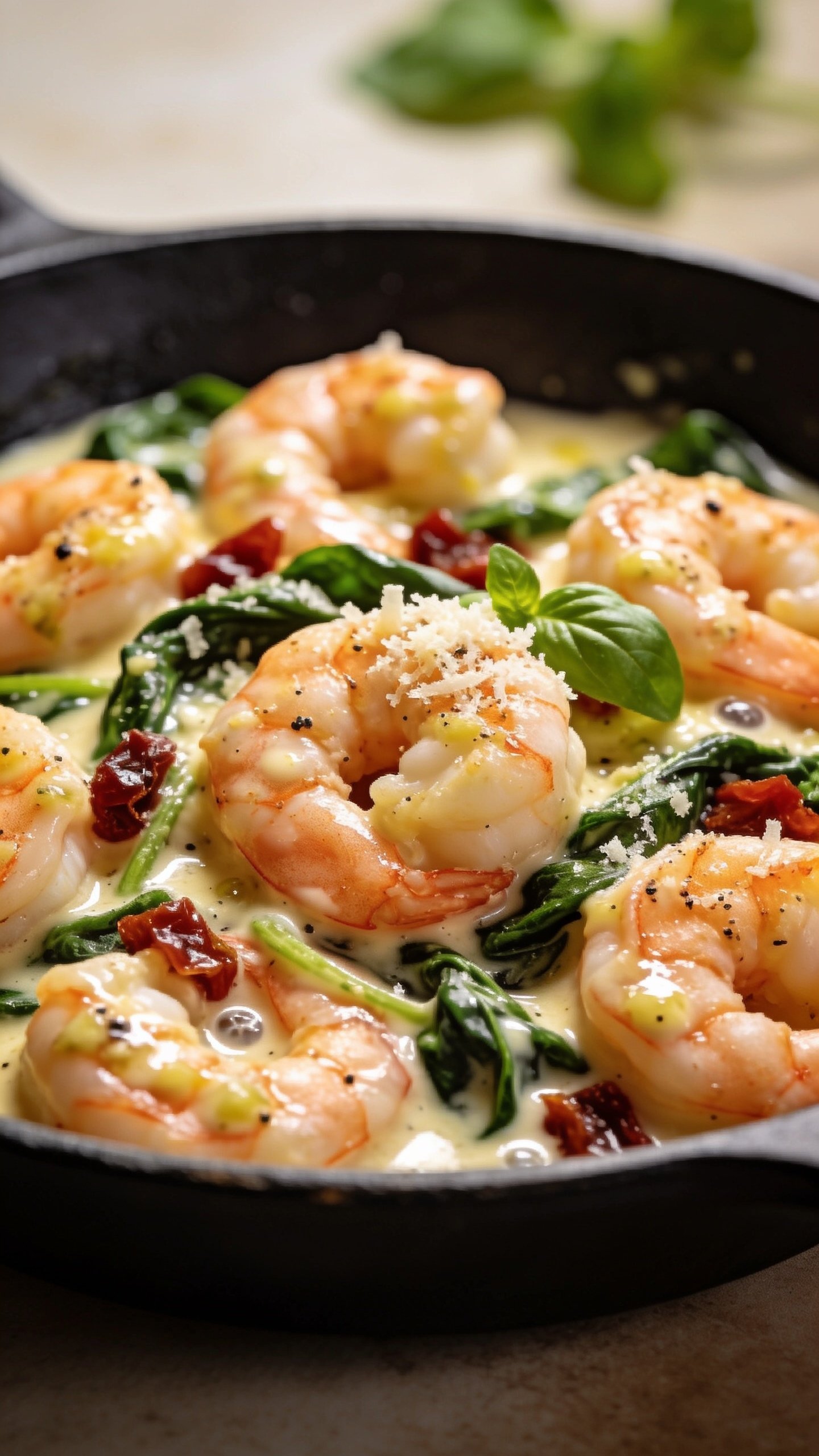 Ultra close-up hero shot of high-protein Tuscan garlic shrimp in a shallow black skillet: plump, lightly seared shrimp coated in a glossy creamy garlic-Parmesan sauce, ribbons of wilted spinach and chopped sun-dried tomatoes throughout, tiny bubbles of sauce clinging to curled shrimp, flecks of cracked black pepper and finely grated Parmesan melting on top, a few small basil leaves for freshness. Plate fills 90–95% of frame, bright natural side light, shallow depth of field with soft bokeh in the background, warm neutral surface, no utensils, no text, same finished recipe as described.