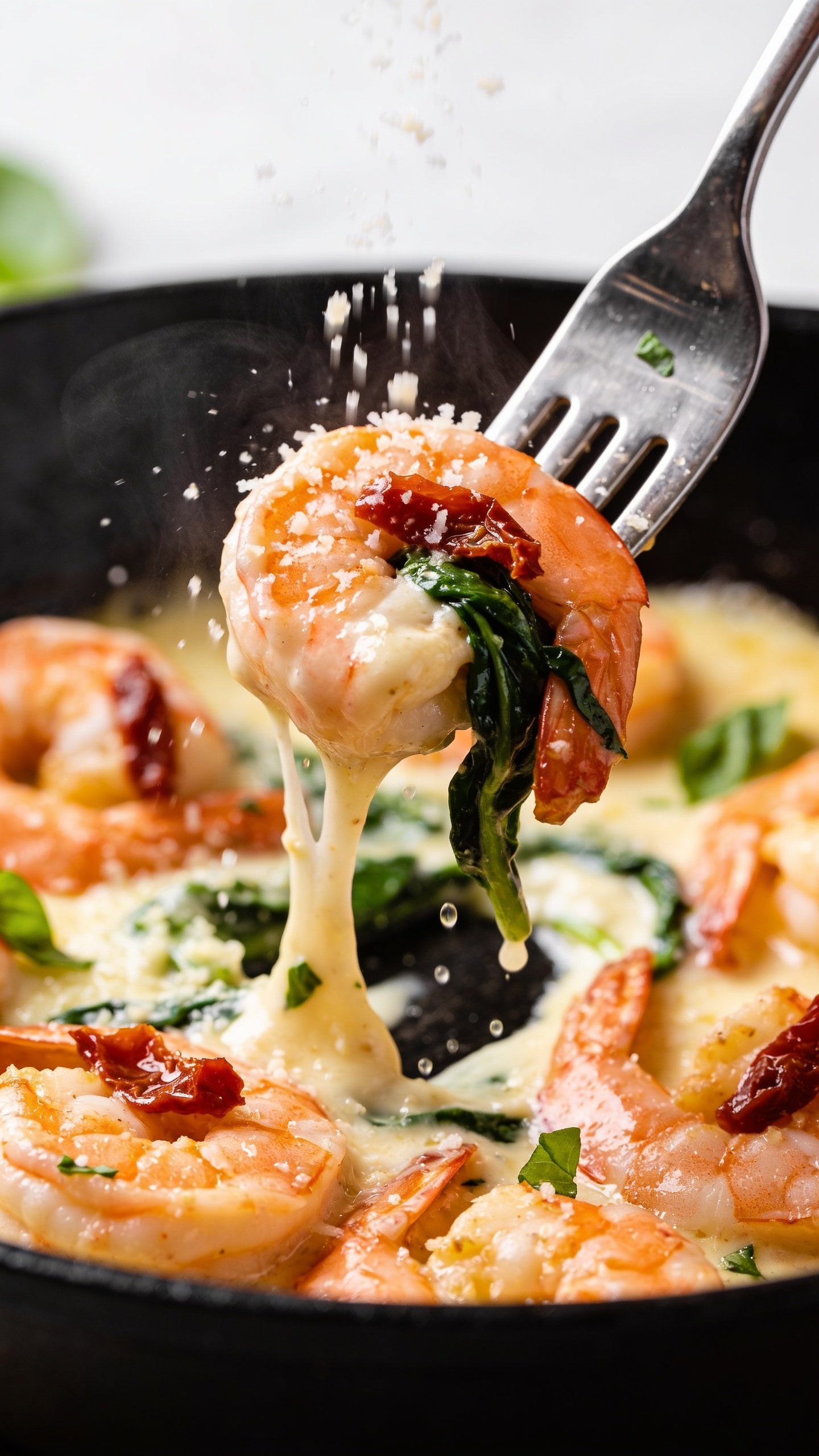 Dynamic action close-up: a shiny fork lifting the perfect bite of Tuscan garlic shrimp from the skillet—one juicy shrimp curled with a strand of wilted spinach and a sliver of sun-dried tomato, creamy garlic-Parmesan sauce stretching in a silky ribbon from fork to pan, micro-droplets catching the light. Steam subtly rising, fresh grated Parmesan falling mid-air onto the bite, basil flecks visible. Food fills 90–95% of frame, bright natural lighting, shallow depth of field, no hands or faces, same finished recipe and styling as image