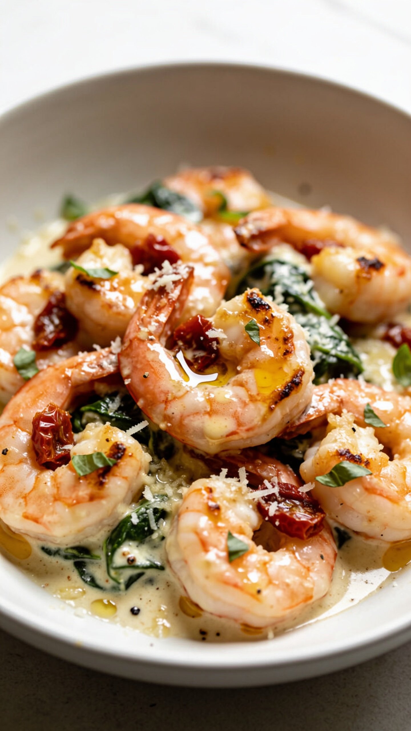 3. Macro angle from slightly overhead of the same Tuscan garlic shrimp plated in a shallow white bowl: dense cluster of shrimp glistening in the creamy garlic sauce, sun-dried tomato pieces peeking through, spinach folded into the sauce, edges of shrimp caramelized. Glossy pools of sauce collecting between shrimp, fine grate of Parmesan just melting, tiny basil chiffonade scattered, a few cracked pepper specks visible. Bright natural window light, shallow depth of field, food dominates 90–95% of frame, cohesive with images 1–2, no text or people.