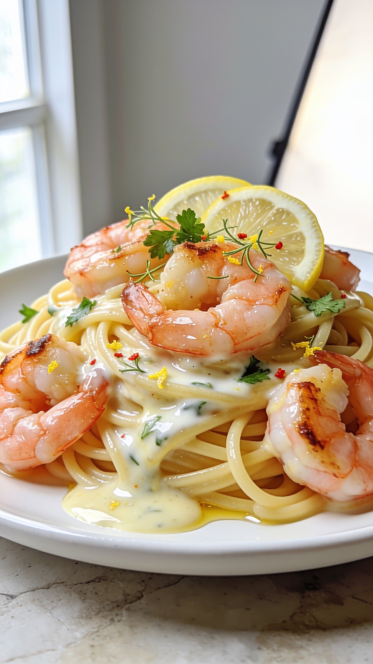 Ultra-close hero shot of High Protein Shrimp Scampi: plump pink shrimp seared with light caramelized edges nestled over al dente high-protein linguine, all glossed in a silky garlic-butter-lemon-white wine sauce with a subtle Greek yogurt sheen; flecks of fresh parsley and micro-zest of lemon scattered on top; thin lemon wheels and a light sprinkle of red pepper flakes for pop; sauce pooling luxuriously at the base of the pasta nest; bright natural window light from the left, soft reflector on the right; shallow depth of field with the foremost shrimp and glossy noodles razor sharp; 90–95% frame filled with food, premium food-blog styling on a matte white plate over a pale stone surface.