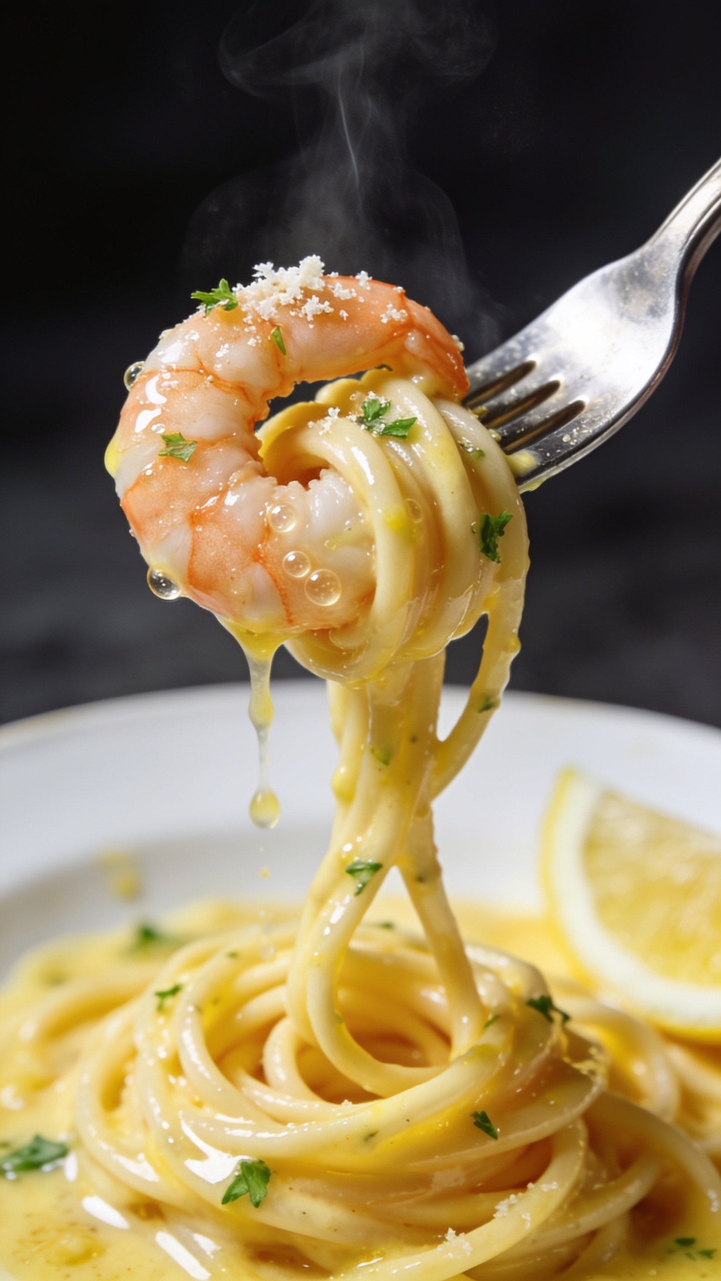 Dynamic action close-up: a polished fork lifting the perfect bite from the same High Protein Shrimp Scampi—one plump shrimp curled against a small twirl of high-protein linguine, strands dripping with glossy garlic-butter-lemon sauce; micro-beads of sauce clinging to the shrimp, tiny parsley flecks and a whisper of grated Parmesan speckled on top; a thin ribbon of steam rising subtly; background shows the remaining saucy pasta and a lemon wedge softly blurred; bright natural lighting, shallow depth of field, no hands visible, food filling 90–95% of the frame, frozen one second before the bite reaches the mouth.