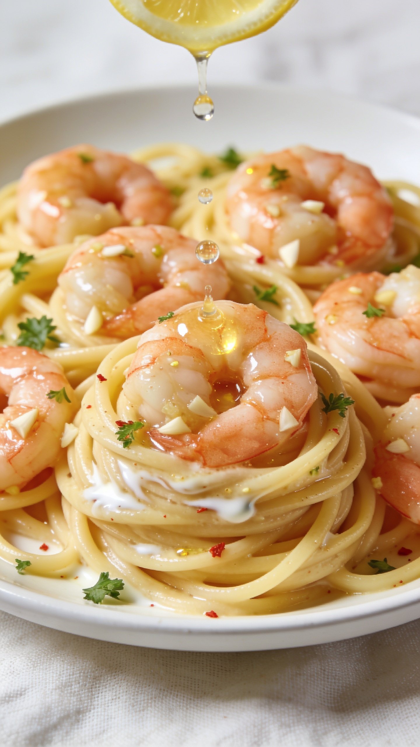 Extreme close-up angle from slightly above the rim of the plate: tightly coiled mound of high-protein linguine crowned with multiple juicy shrimp, sauce visibly emulsified and glossy with tiny garlic bits; a fresh squeeze moment captured as a few glistening droplets of lemon juice fall mid-air onto the shrimp and pasta, creating tiny shimmering highlights on the sauce; delicate parsley confetti scattered, light red pepper flake accents, and a faint sheen from the Greek yogurt swirl enriching the sauce; bright natural light, shallow depth of field focusing on the front shrimp and droplets, 90–95% frame filled with the dish on a simple white plate over a light linen.