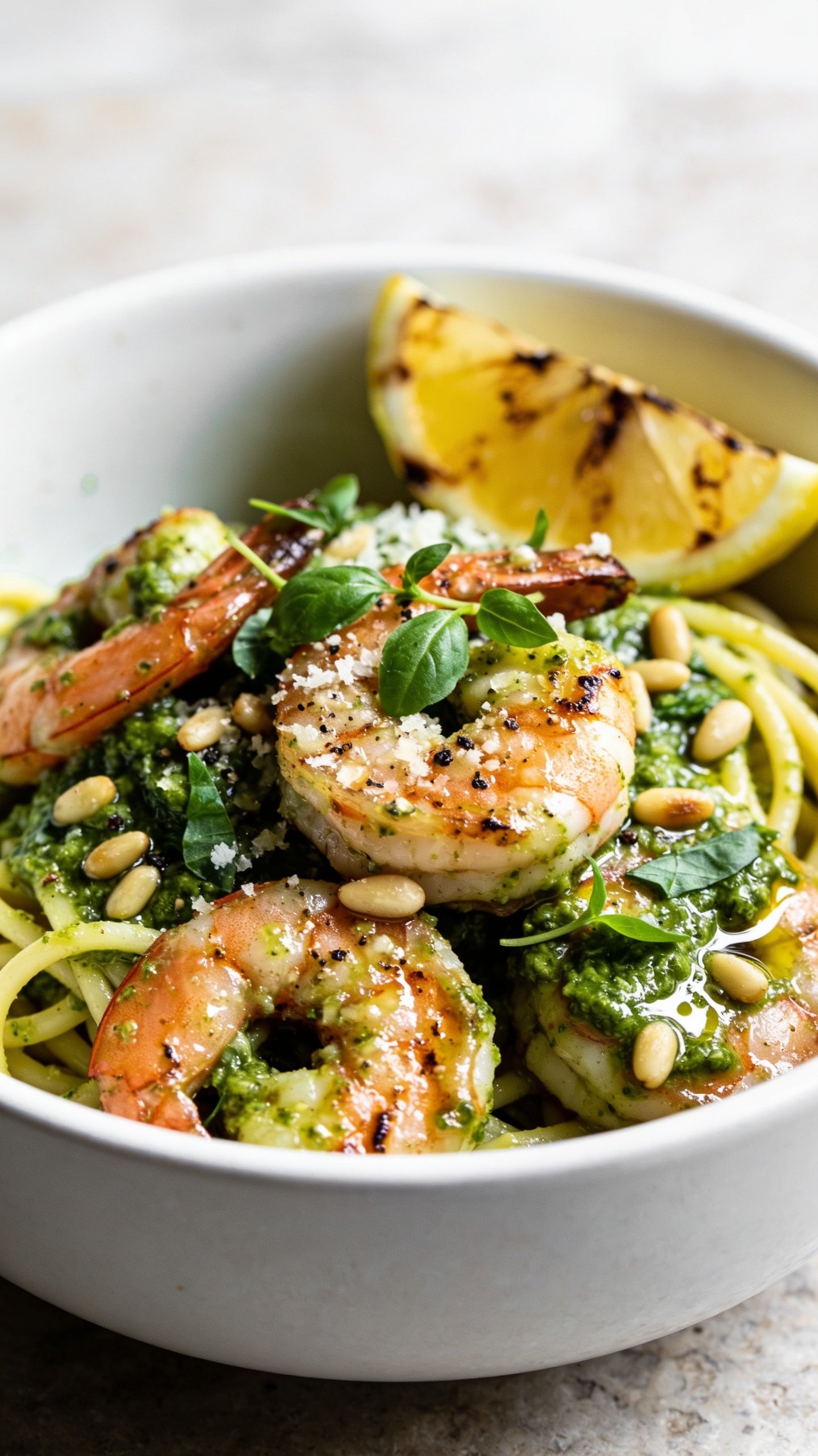 Ultra-close hero shot of High Protein Pesto Shrimp: a shallow white ceramic bowl filled 90–95% of frame with plump, seared large shrimp (light charred edges, glossy) tossed in vibrant emerald basil pesto, glistening with extra-virgin olive oil. Flecks of grated Parmesan melted into the pesto, toasted pine nuts scattered, micro-basil leaves and cracked black pepper on top. A few al dente lemony spaghetti strands peeking through for serving suggestion, lightly coated in pesto, with a wedge of charred lemon tucked at the rim. Bright natural side lighting, shallow depth of field, soft bokeh, crisp textures of shrimp and pesto front and center, premium food-blog styling on a neutral stone surface.