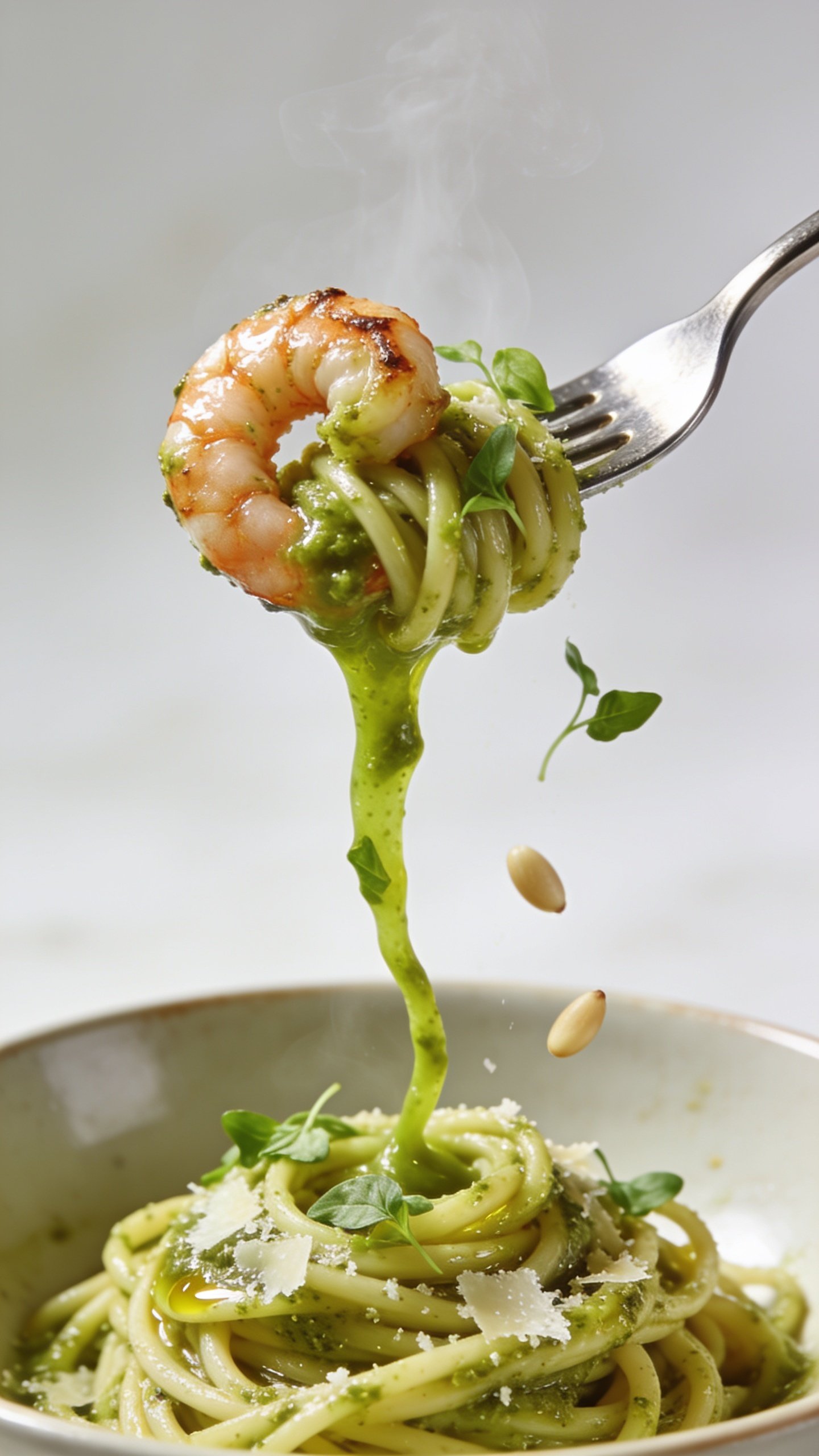 Dynamic action close-up: a polished fork lifting the perfect bite of the finished pesto shrimp over the same bowl, one glossy seared shrimp curled around a twirl of pesto-coated spaghetti, strands slick with olive oil and speckled with Parmesan. A thin ribbon of vibrant green pesto clings and stretches from the fork back to the bowl, micro-basil confetti and a couple of pine nuts caught mid-fall, faint steam rising. No hands visible, only the utensil. Food fills 90–95% of frame, bright natural lighting, shallow depth of field, movement frozen at the most irresistible moment.