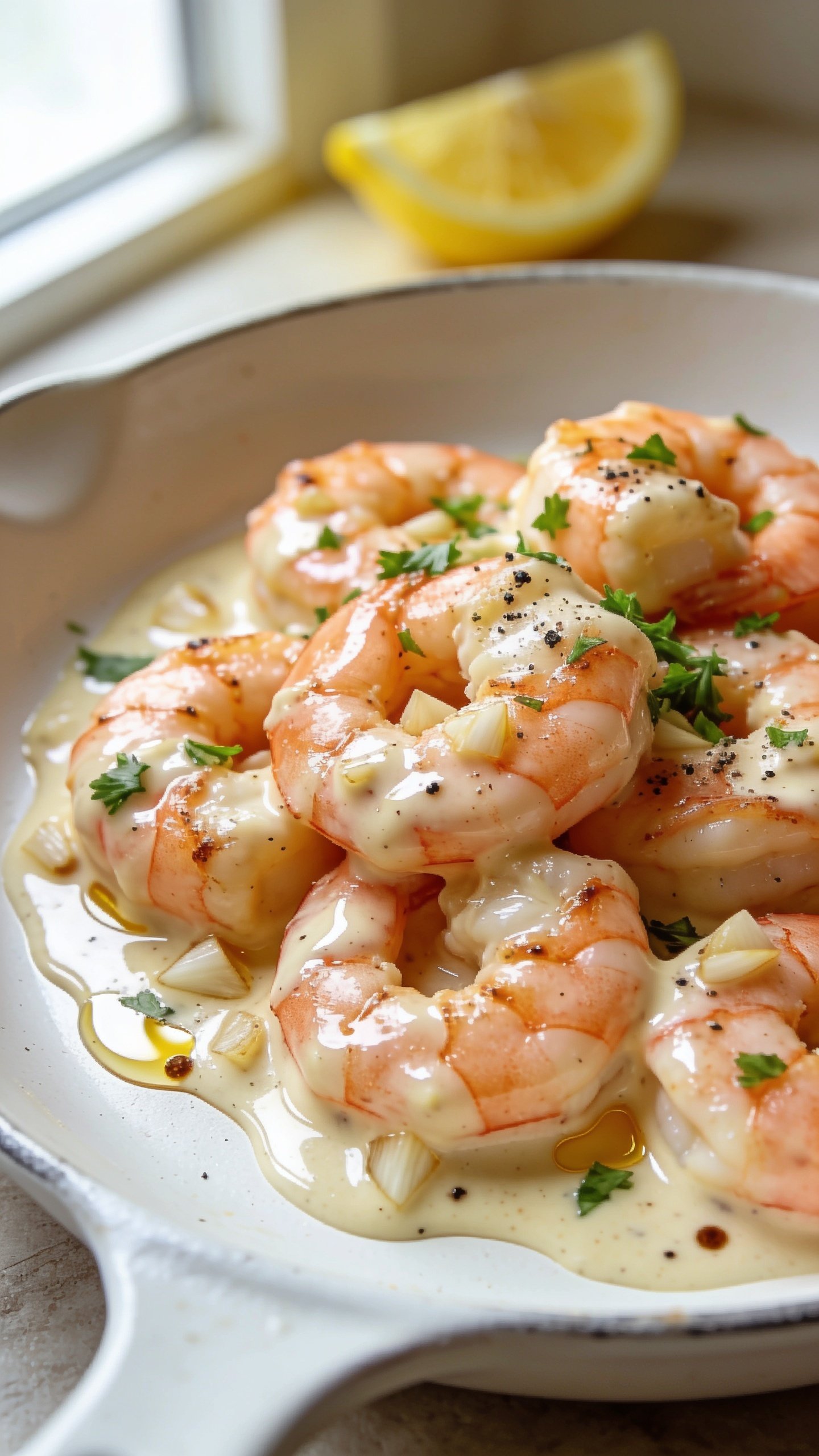 Ultra close-up hero shot of High Protein Creamy Garlic Shrimp: plump, pink seared shrimp nestled in a glossy, velvety garlic cream sauce with visible minced garlic and tiny brown butter specks, sauce clinging to every curve; sprinkled with finely chopped fresh parsley and a light dusting of cracked black pepper; a shallow white skillet-style plate with a faint swirl of sauce pooling, lemon wedge blurred in the deep background; bright natural window light from the left, shallow depth of field, creamy highlights on the sauce, warm neutral backdrop, premium food-blog styling, food filling 90â95% of the frame.