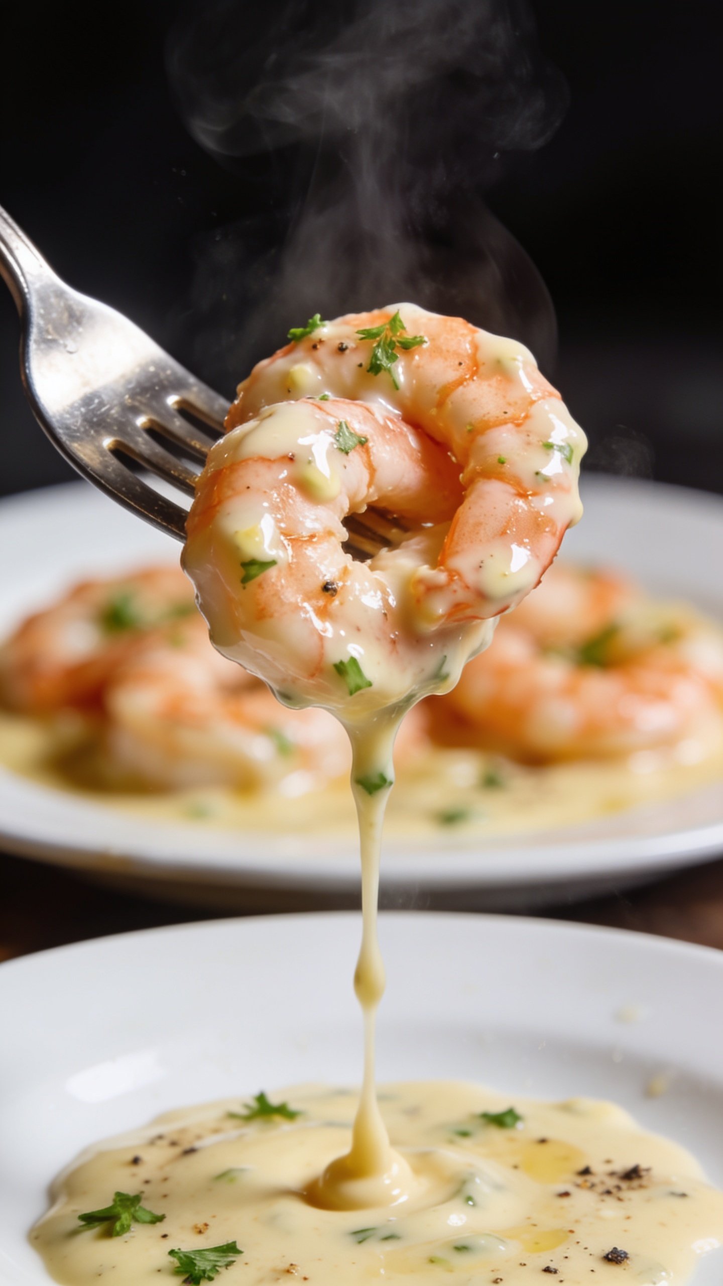 Dynamic action shot, one second before the bite: a polished fork lifting the perfect bite of creamy garlic shrimpâtwo juicy shrimp curved together, dripping with glossy garlic cream, micro flecks of parsley and pepper dotting the sauce; a slow ribbon of sauce trailing back to the plate below; steam subtly rising, background bokeh of the same white plate with more shrimp and sauce; bright natural side light, shallow depth of field, motion frozen mid-drip, no hands visible, food filling 90â95% of the frame.
