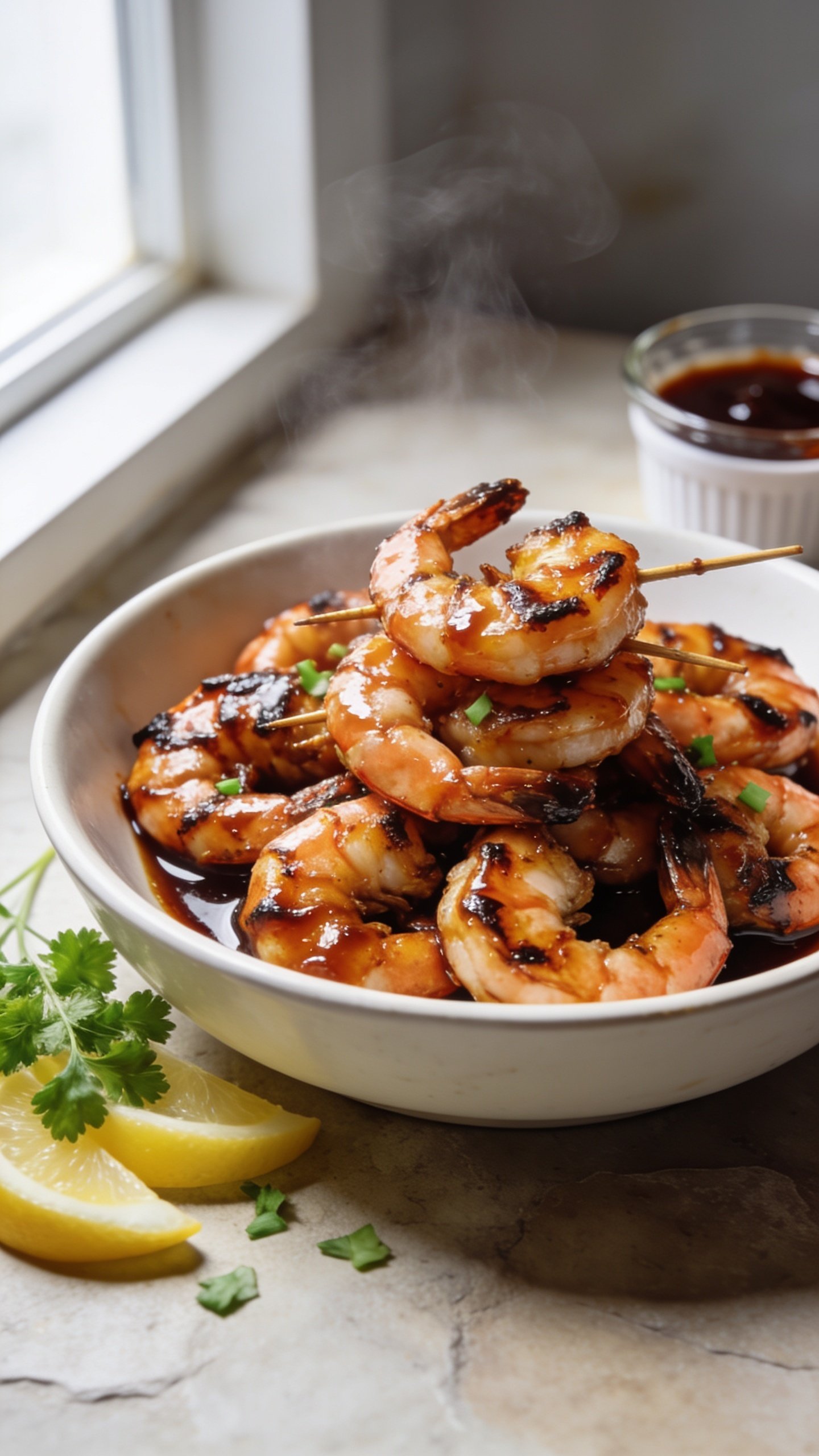 Extreme close-up hero shot of High Protein BBQ Shrimp: large 16/20 grilled shrimp arranged in a shallow white ceramic bowl, glistening with a sticky, smoky-sweet BBQ glaze, light char marks and caramelized edges visible, a few shrimp skewered removed and piled naturally, sauce pooling slightly at the base; garnished with finely chopped fresh parsley and thin lemon wedges tucked to the side, a small glass ramekin of extra glossy BBQ sauce partially visible in the background blur; bright natural window light from the left, shallow depth of field, high contrast and saturated warm tones, steam faintly rising, food filling 90â95% of frame, premium food-blog styling on a neutral light stone surface.