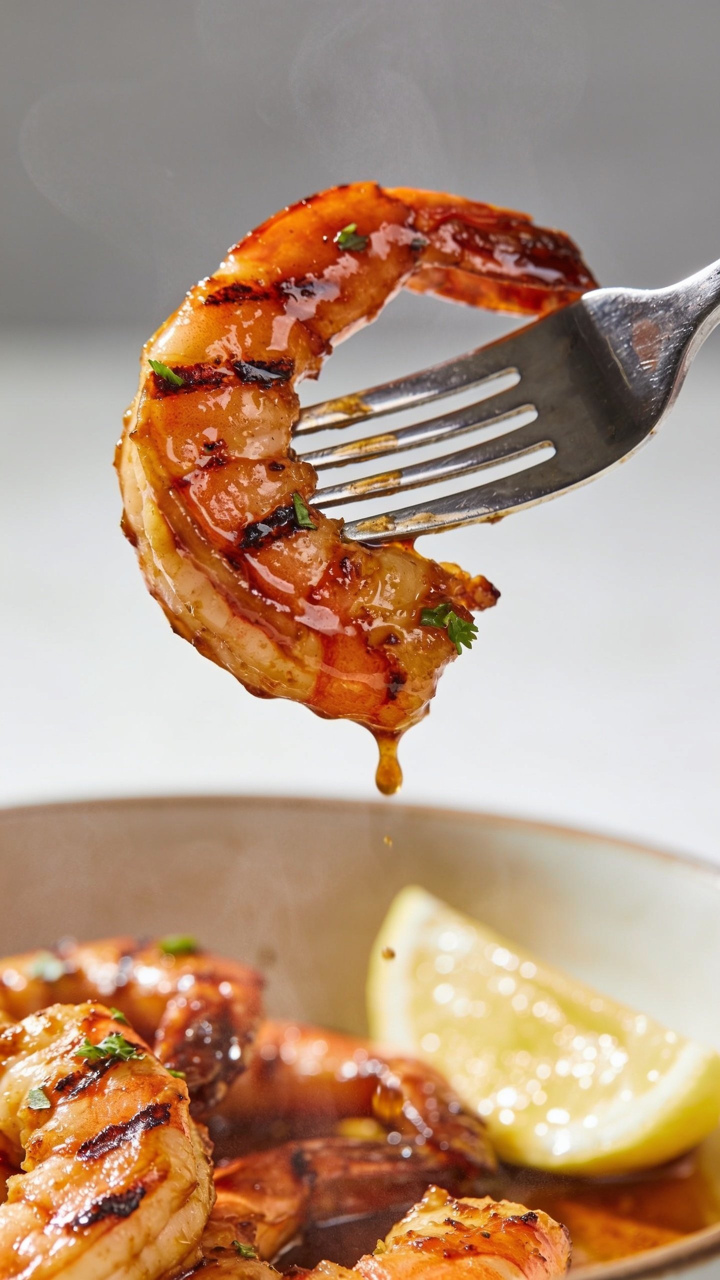 Dynamic action close-up: a polished stainless steel fork lifting the perfect biteâone large BBQ-glazed shrimp curved around the tines, glossy sauce clinging and a slow drip mid-fall back toward the bowl; grill-charred ridges and juicy texture in sharp focus, micro-beads of glaze catching the light, tiny flecks of parsley on the shrimp; lemon wedge and a shimmer of sauce in soft bokeh below, bright natural side lighting, shallow depth of field, steam subtly visible, food filling 90â95% of frame, no hands or people, intense anticipation one second before the bite.