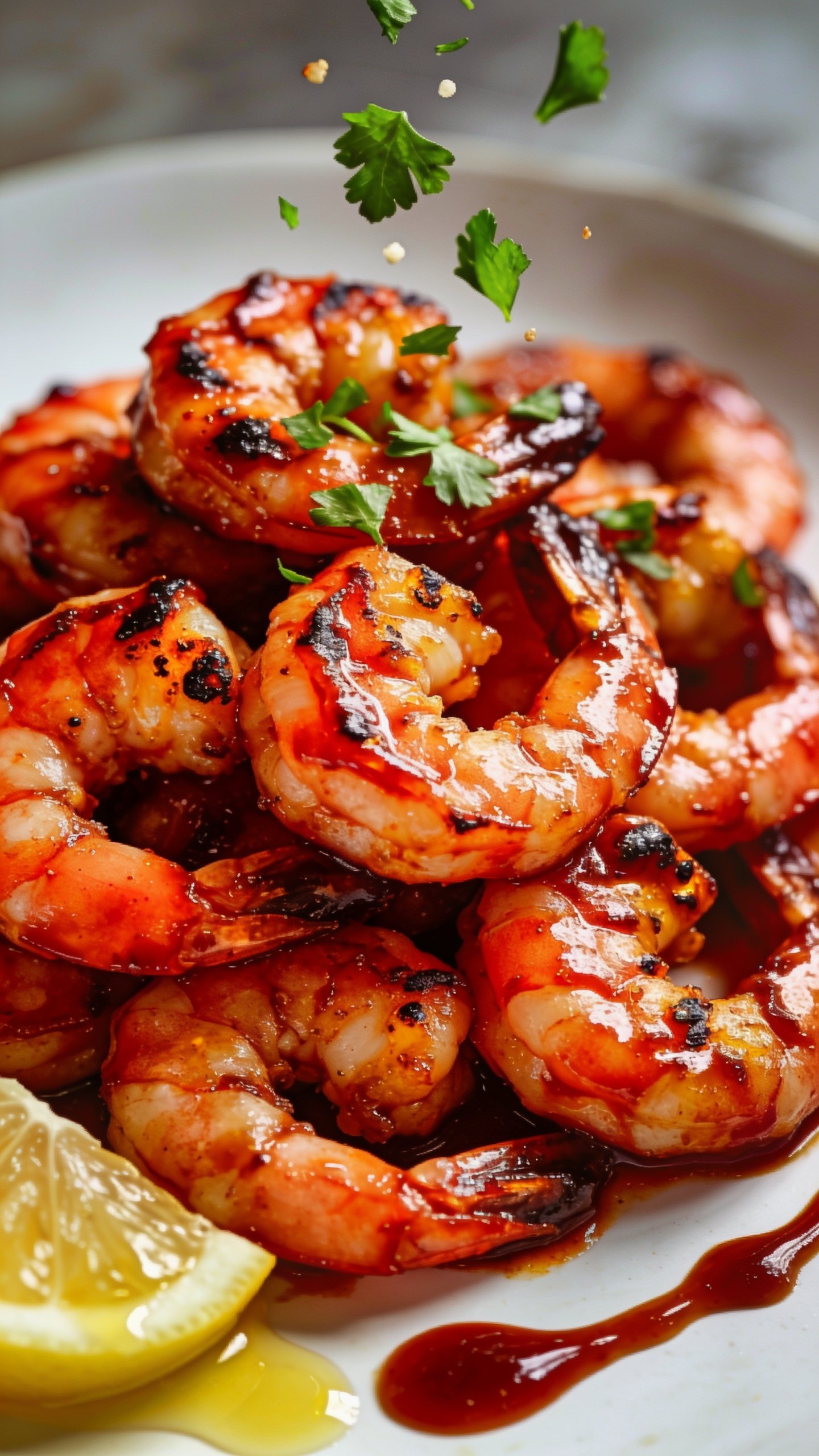 Tight macro angle from slightly overhead of the same finished BBQ shrimp: a clustered mound of plump, char-kissed shrimp lacquered in thick, sticky BBQ sauce with visible brushstrokes and caramelized edges, tiny blisters from the grill; a light sprinkle of freshly chopped parsley falling mid-air, a few grains caught in motion; a swipe of extra sauce streaked on the plate edge, lemon oils glistening on a nearby wedge, bright natural light, shallow depth of field, rich warm reds and ambers, food filling 90â95% of frame, cohesive styling to match images 1 and