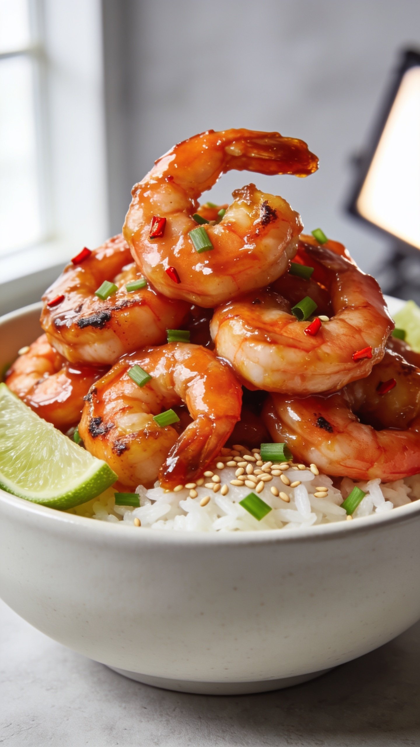Ultra-close-up hero shot of High Protein Sriracha Honey Shrimp glistening in a sticky sweet-heat glaze, piled high in a shallow matte-white bowl over a small bed of fluffy white jasmine rice, sprinkled with toasted sesame seeds and finely sliced green onions, with thin lime wedges tucked at the rim; shrimp are plump with a light char on the edges, sauce glossy and clinging to each curve, tiny red chili flecks visible; bright natural window light from the left, soft reflector fill from the right, shallow depth of field with the front shrimp tack-sharp and background softly blurred; clean, neutral light-gray surface and backdrop to keep all focus on the vibrant orange-red shrimp; 90–95% of frame filled with the dish, premium food-blog styling, no text.