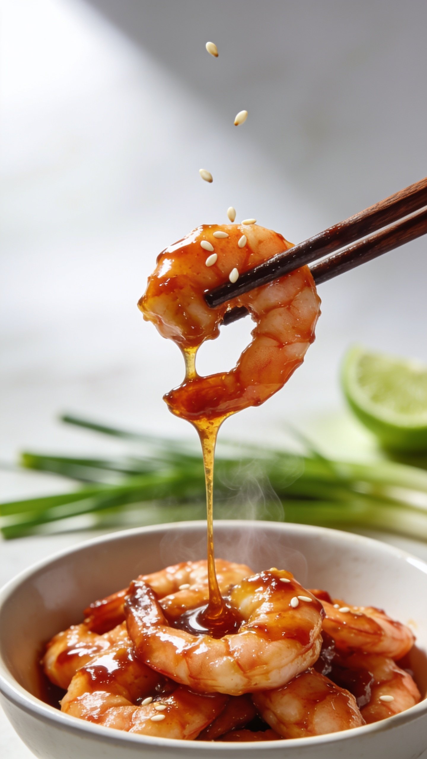 Dynamic action close-up: glossy Sriracha-honey shrimp lifted by dark wooden chopsticks from the same matte-white bowl, one perfect shrimp front-and-center with sticky glaze stretching into a thin, glistening ribbon back to the pile below; a few sesame seeds mid-fall and a whisper of steam rising from the freshly cooked shrimp; green onions and lime wedge softly blurred in the background; bright natural light from the left, shallow depth of field, high contrast to make the sauce shine, 90–95% of frame filled with food, no hands or faces visible, premium magazine-cover energy.