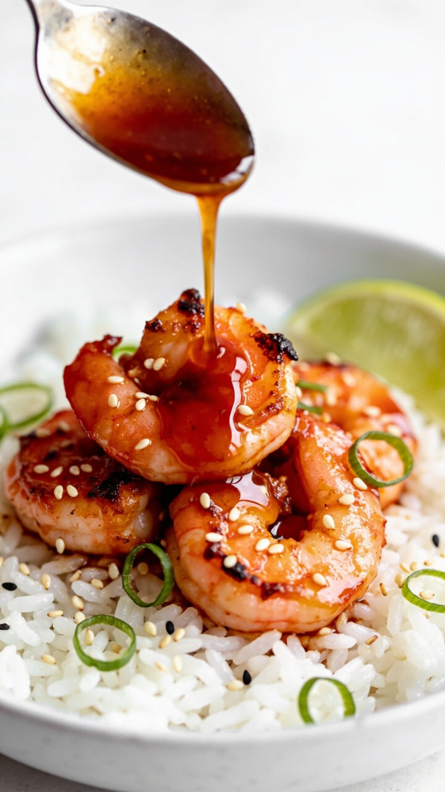 Tight macro angle from slightly overhead and to the side, focusing on a small cluster of the same Sriracha honey shrimp nestled over white jasmine rice; a slow spoon drizzle of extra Sriracha-honey glaze captured mid-pour onto the shrimp, forming glossy pools and highlighting caramelized edges; scattered sesame seeds and ultra-thin green onion curls for pop, with a lime wedge softly out of focus; bright natural light, shallow depth of field, crisp textures, vibrant orange-red sauce against white rice, 90–95% food in frame, consistent styling with the other images, no text.
