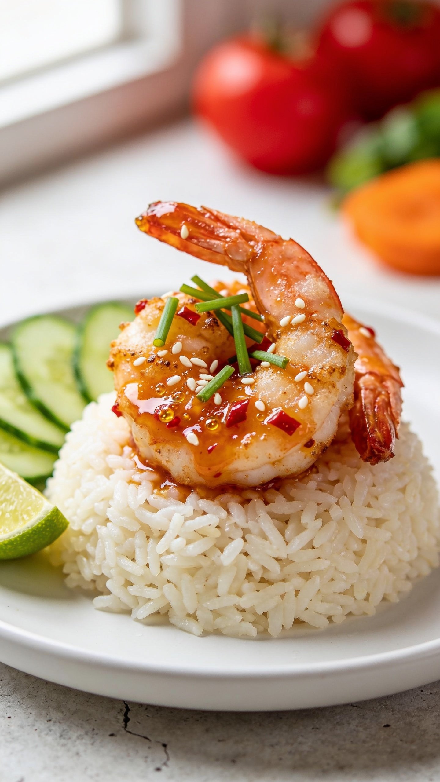 Ultra-close hero shot of High Protein Sweet Chili Shrimp: plump, tail-on shrimp seared with a light cornstarch crust, generously glazed in glossy sweet chili sauce with visible red chili flecks and micro-bubbles of caramelization; sprinkled with thinly sliced green onions and white sesame seeds; served over a neat mound of fluffy jasmine rice with a few crisp cucumber slices and a lime wedge tucked to the side for color pop; bright natural window light from the left, gentle shadows on the right; shallow depth of field focusing on the front shrimp, background softly blurred; vibrant reds, oranges, and greens; food fills 90–95% of frame on a matte white plate over a light concrete surface, premium food-blog styling, no text.