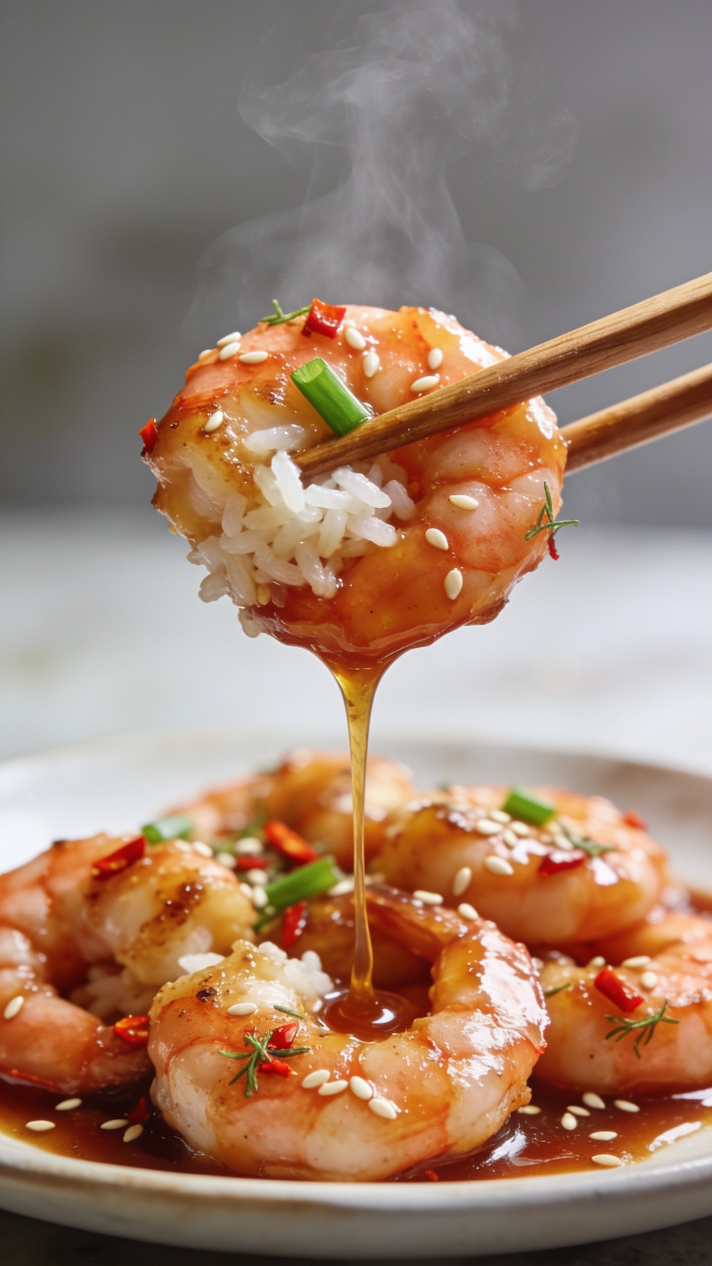Dynamic action close-up: wooden chopsticks lifting the perfect bite—one glossy sweet chili shrimp with a bit of jasmine rice clinging to it and a sliver of green onion—frozen one second before reaching the mouth; a slow ribbon of sticky sweet chili glaze stretches and drips back toward the plate; steam subtly rising; sesame seeds and micro-chili flakes visible on the shrimp’s lightly crisped surface; background plate of the same dish softly blurred but consistent with hero styling; bright natural light, shallow depth of field, vivid color contrast, food filling 90–95% of the frame; no hands or people, only chopsticks and food.