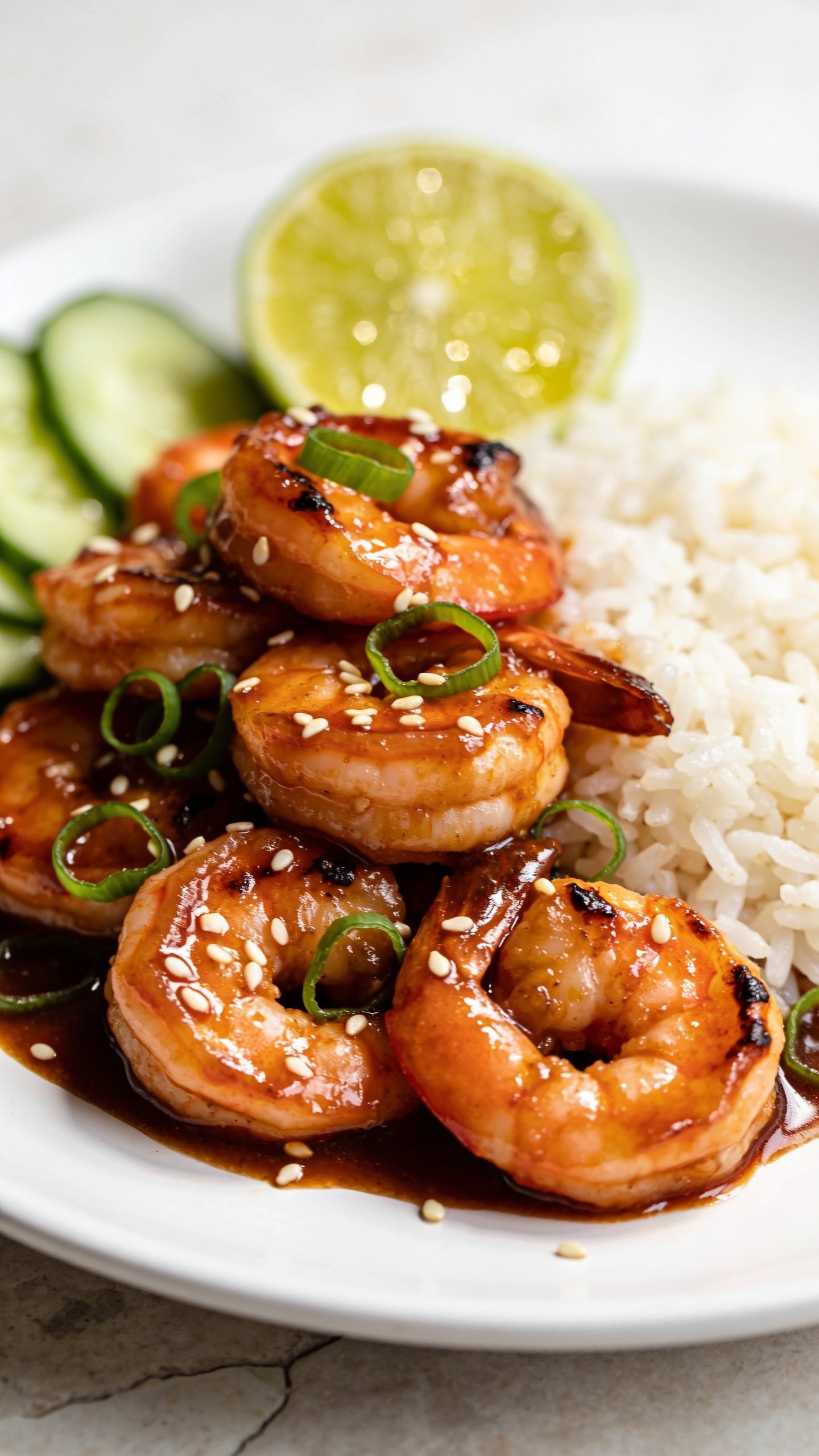 Extreme close-up from a lower angle across the plate: a tight cluster of the same sweet chili–glazed shrimp piled beside jasmine rice; sauce pooled and shimmering with lacquered highlights, edges of shrimp lightly char-kissed; fresh green onion curls and sesame seeds scattered; a squeezed lime wedge glistening with juice in the back blur; crisp cucumber slices peeking in at the edge; bright natural lighting, shallow depth of field isolating the front two shrimp; food fills 90–95% of frame on a clean white plate over light stone surface, consistent styling with images 1 and 2, no text.