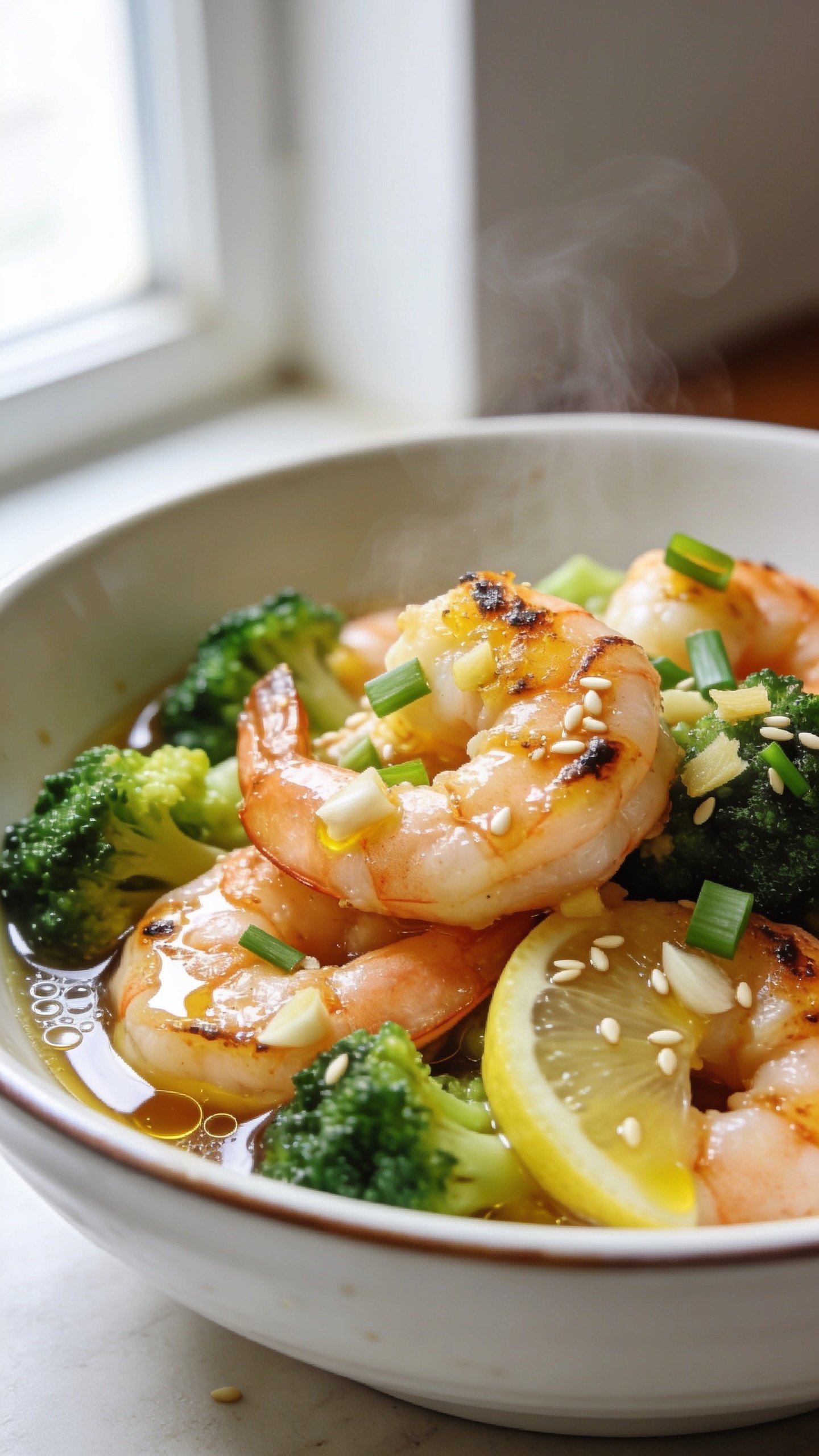 Extreme close-up hero shot of High Protein Garlic Shrimp and Broccoli: plump, lightly charred shrimp with a golden sear, nestled among vibrant emerald broccoli florets, all glossed in a garlicky soy-tamari butter sauce with micro-bubbles of oil catching the light; visible minced garlic and ginger clinging to the shrimp, a kiss of lemon sheen on the sauce, and a few sesame seeds and finely sliced green onions scattered for contrast; served in a shallow white ceramic bowl with a subtle rim, shot at 45 degrees; bright natural window light from the left, soft bounce on the right, shallow depth of field with the front shrimp in razor focus; steam subtly rising, rich saturated colors, premium food-blog styling, food filling 90â95% of frame, no text.