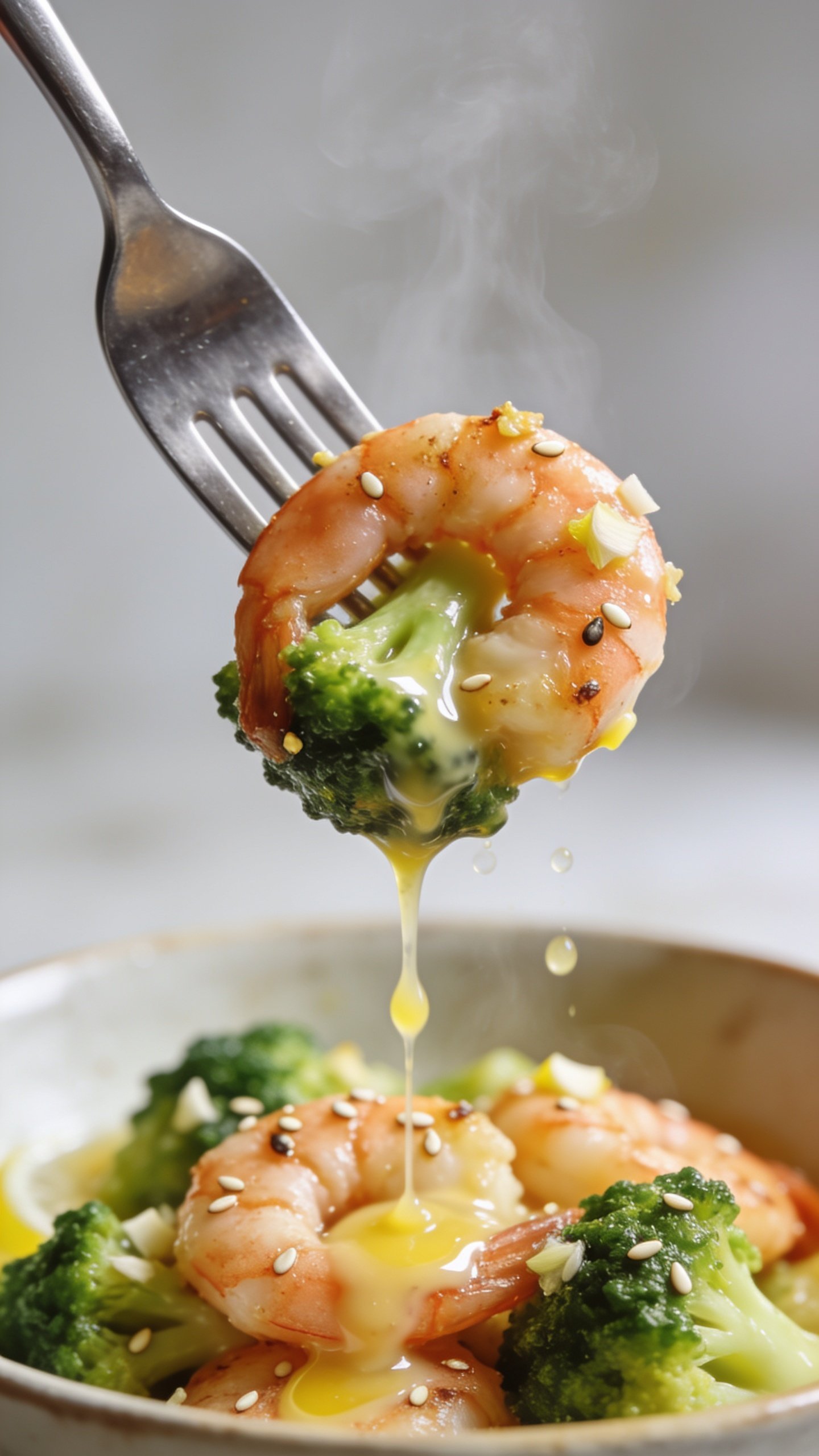 Dynamic action close-up capturing the most irresistible bite: a stainless fork lifting the perfect mouthfulâone seared shrimp curved around a tender broccoli floretâthreads of glossy garlicky soy-butter sauce slowly dripping back into the bowl below; flecks of minced garlic and ginger visible on the shrimp, a few sesame seeds clinging, micro-beads of lemony butter catching highlights; background bowl of the same dish softly blurred, steam faintly rising; bright natural light, shallow depth of field, 90â95% food in frame, shot at 30â45 degrees as if one second before the bite; no hands or people visible.