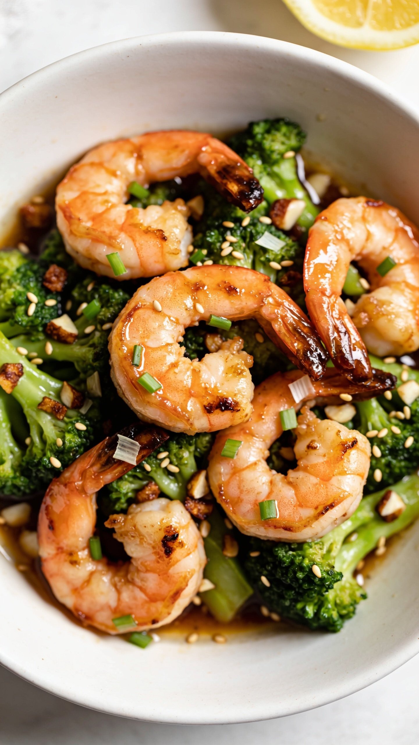 Ultra close-up overhead angle focusing on texture and gloss: a tight crop of the same finished garlic shrimp and broccoli in the same white shallow bowl, shrimp arranged in a loose spiral with caramelized edges, broccoli vivid and crisp-tender, sauce pooling lightly with a lacquered sheen; tiny browned garlic bits, shaved green onion, and a restrained sprinkle of toasted sesame seeds for pop; a lemon wedge just out of focus at the rim hinting at brightness; bright natural lighting, shallow depth of field, rich saturated colors, premium styling, food filling 90â95% of frame, no text.
