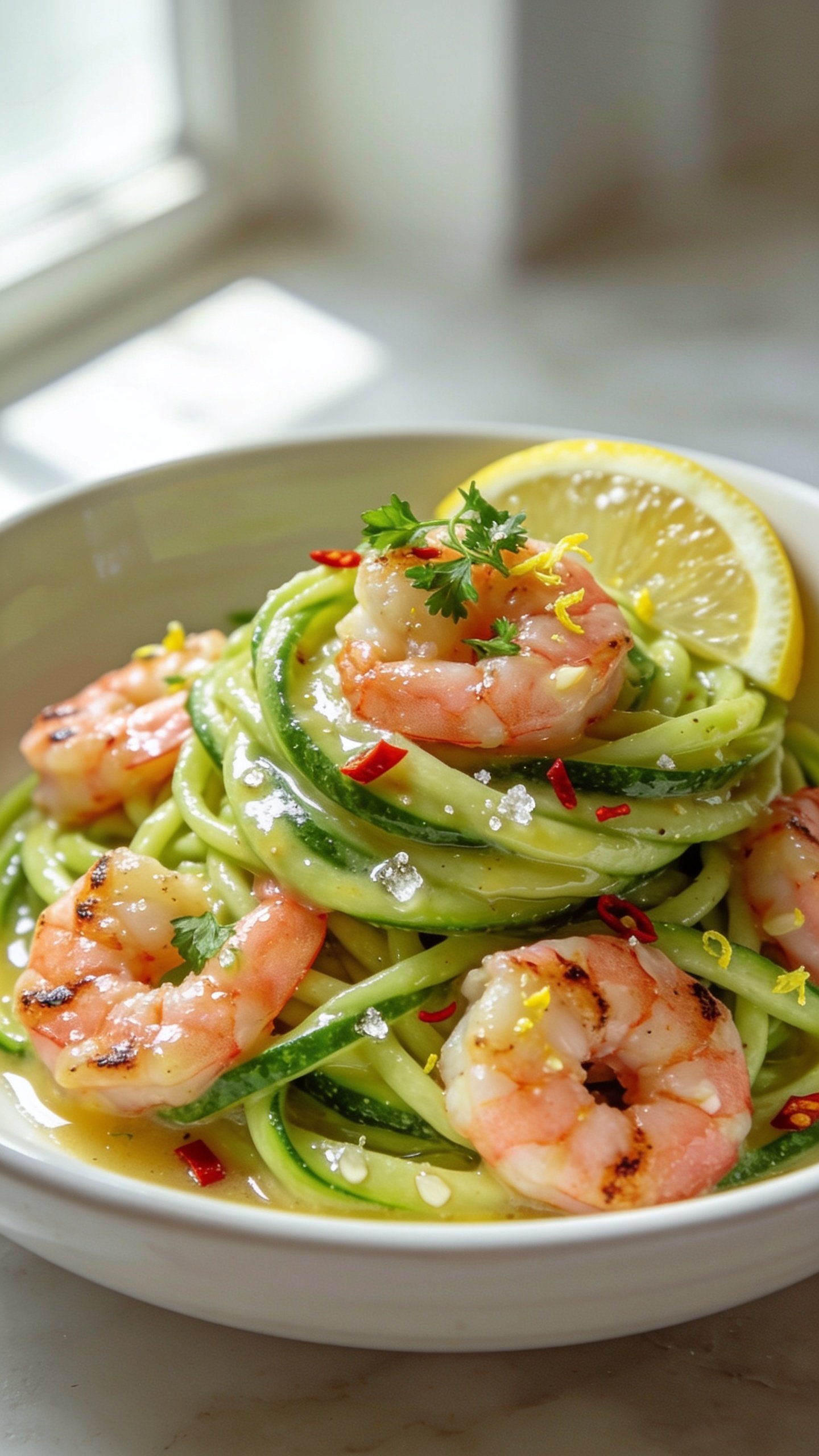 Ultra-close hero shot of high-protein shrimp zucchini noodles twirled into a glossy nest on a white shallow bowl, 90â95% of frame filled. Plump pink shrimp with light sear marks scattered throughout tender green zoodles, glistening in a garlicky lemon-butter sauce. Tiny red chili flakes, micro-chopped parsley, and delicate lemon zest freckles on top; a thin lemon wedge tucked at the rim. Bright natural window light from the left, gentle shadows, shallow depth of field, creamy bokeh background. Sauce sheen visible on shrimp and zoodles, a few coarse sea salt crystals catching the light, premium food-blog styling, ultra-fresh, vibrant greens and warm shrimp tones.