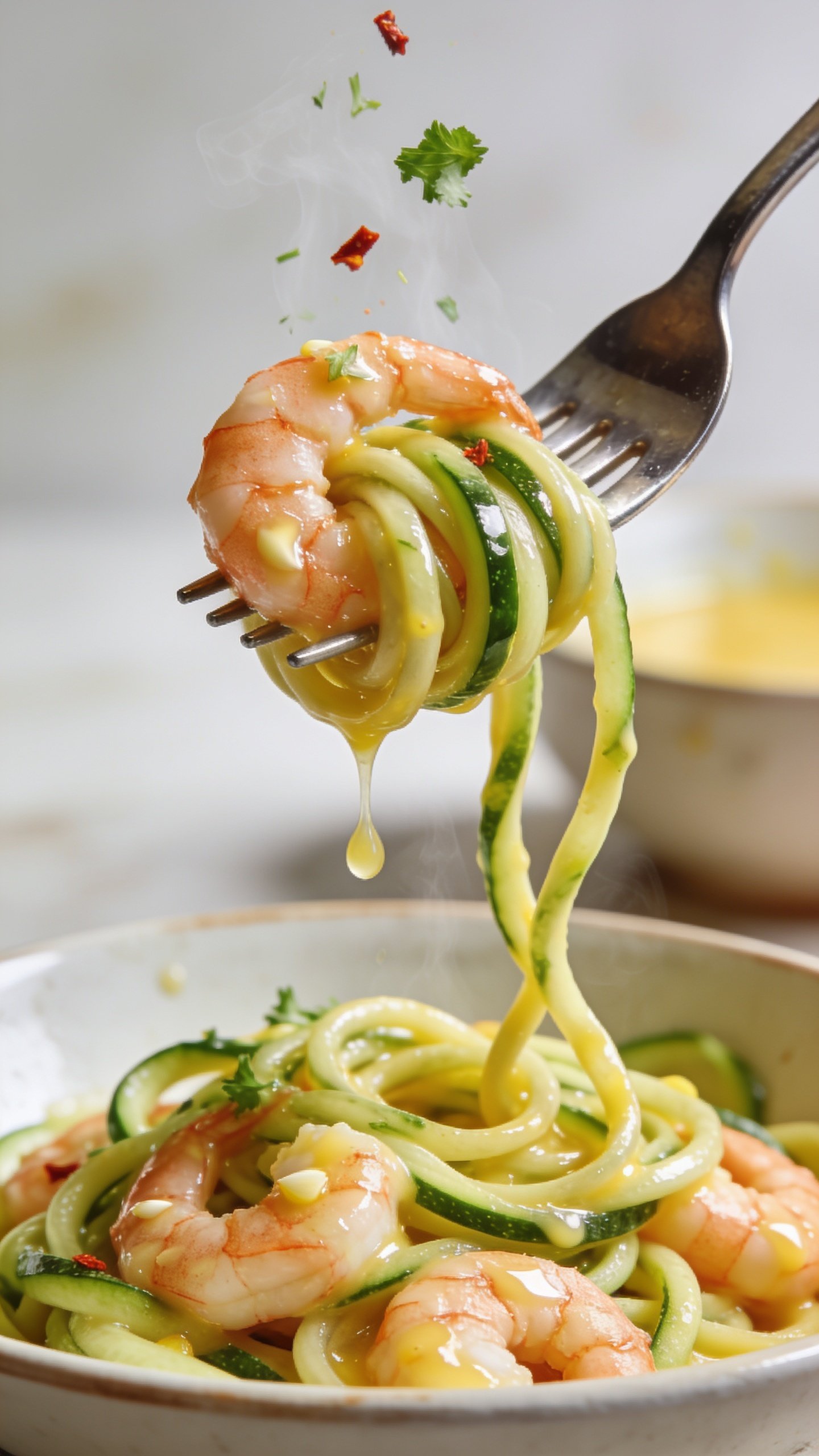 Action moment: a polished fork lifting the perfect bite of shrimp and twirled zucchini noodles just above the bowl, one second before the mouth. The lifted bite shows a plump shrimp hooked by the fork with glossy zoodles spiraled around the tines, strands gently trailing back to the plate. Micro-droplets of garlicky lemon-butter clinging and a slow bead of sauce about to fall. A light sprinkle of chopped parsley and a few chili flakes mid-fall, visible steam rising subtly. Bright natural lighting, shallow depth of field, background bowl softly blurred, 90â95% food in frame, rich textures and vibrant color, no hands or people visibleâonly the fork and the irresistible bite.