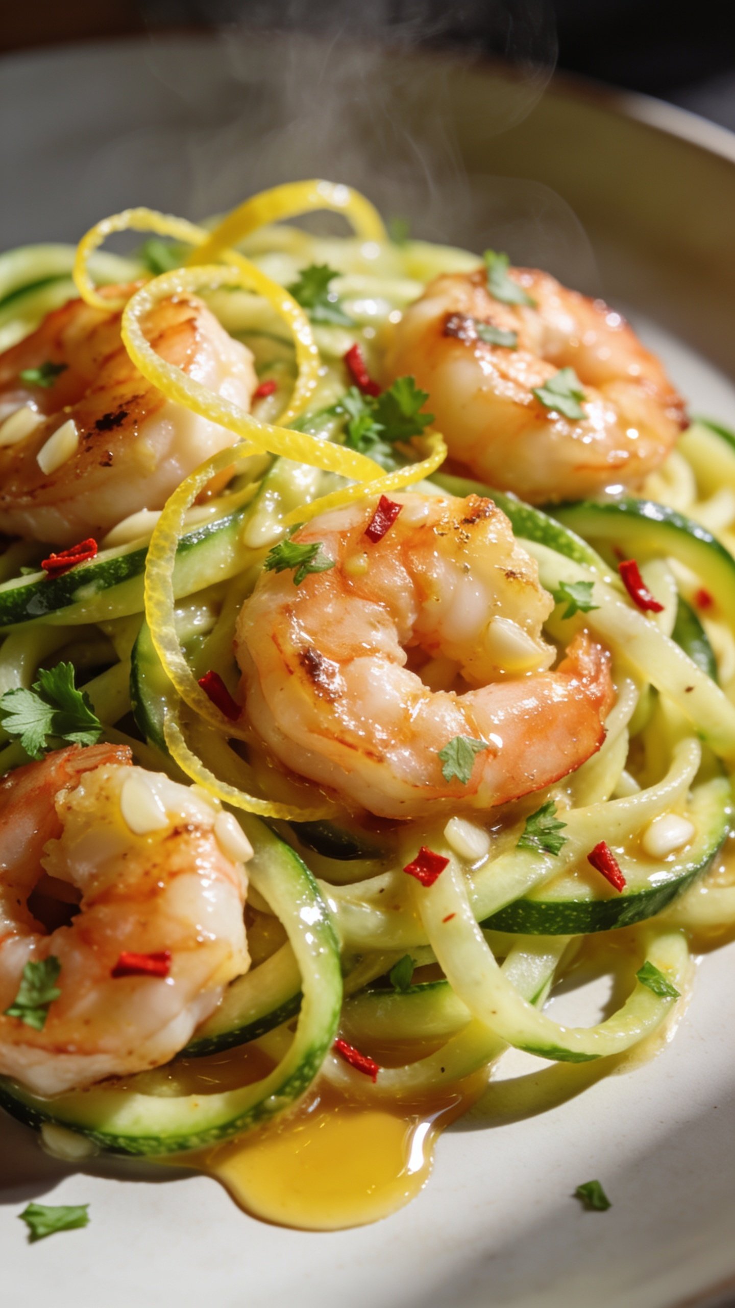 Extreme close-up overhead-to-angled detail of the same shrimp zucchini noodles highlighting textures: seared shrimp nestled among ribboned zoodles coated in glossy garlic-lemon-butter. Lemon zest threads and red chili flakes dot the surface; finely chopped parsley scattered for a fresh pop. A tiny puddle of golden sauce pooling at the bottom edge, catching light. Bright natural side light, shallow depth of field isolating a cluster of shrimp and noodles, crisp highlights on the glaze, subtle steam, 90â95% of frame filled with food, premium food-blog styling consistent with the hero image.