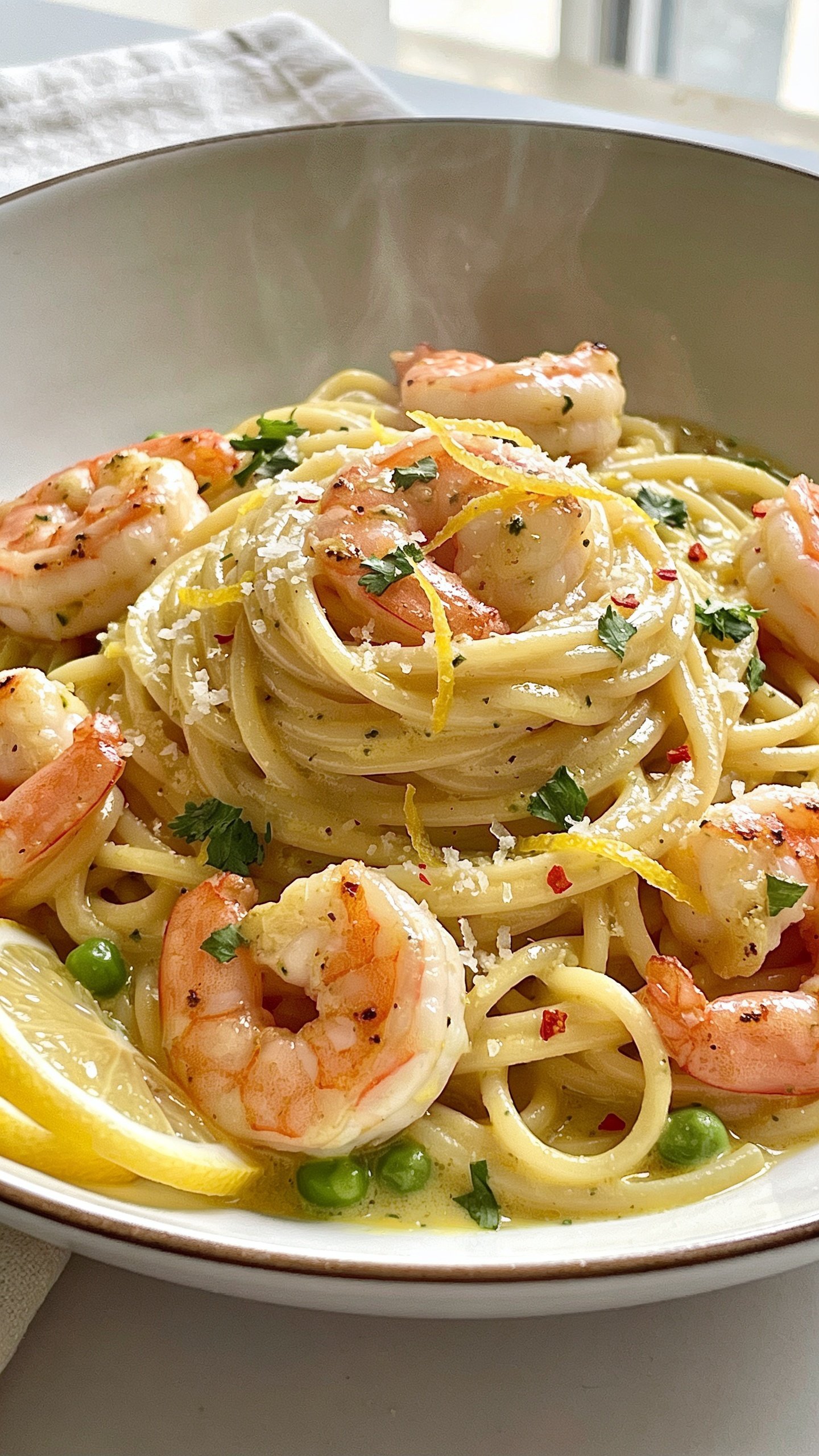 Extreme close-up hero shot of High Protein Lemon Shrimp Pasta: al dente spaghetti twirled into glossy nests coated in silky lemon-garlic olive oil sauce, plump pink shrimp with light sear marks nestled throughout, flecks of fresh parsley and finely grated Parmesan scattered, vivid lemon zest shimmering on the strands, a couple of thin lemon wheels tucked at the edge for brightness, delicate red pepper flakes dotted sparsely, and a few peas for color pop if used; captured in bright natural window light with shallow depth of field, soft white ceramic pasta bowl with minimal rim visible, light linen barely peeking in the background; food fills 90â95% of frame, textures crisp and glossy, steam subtly rising.
