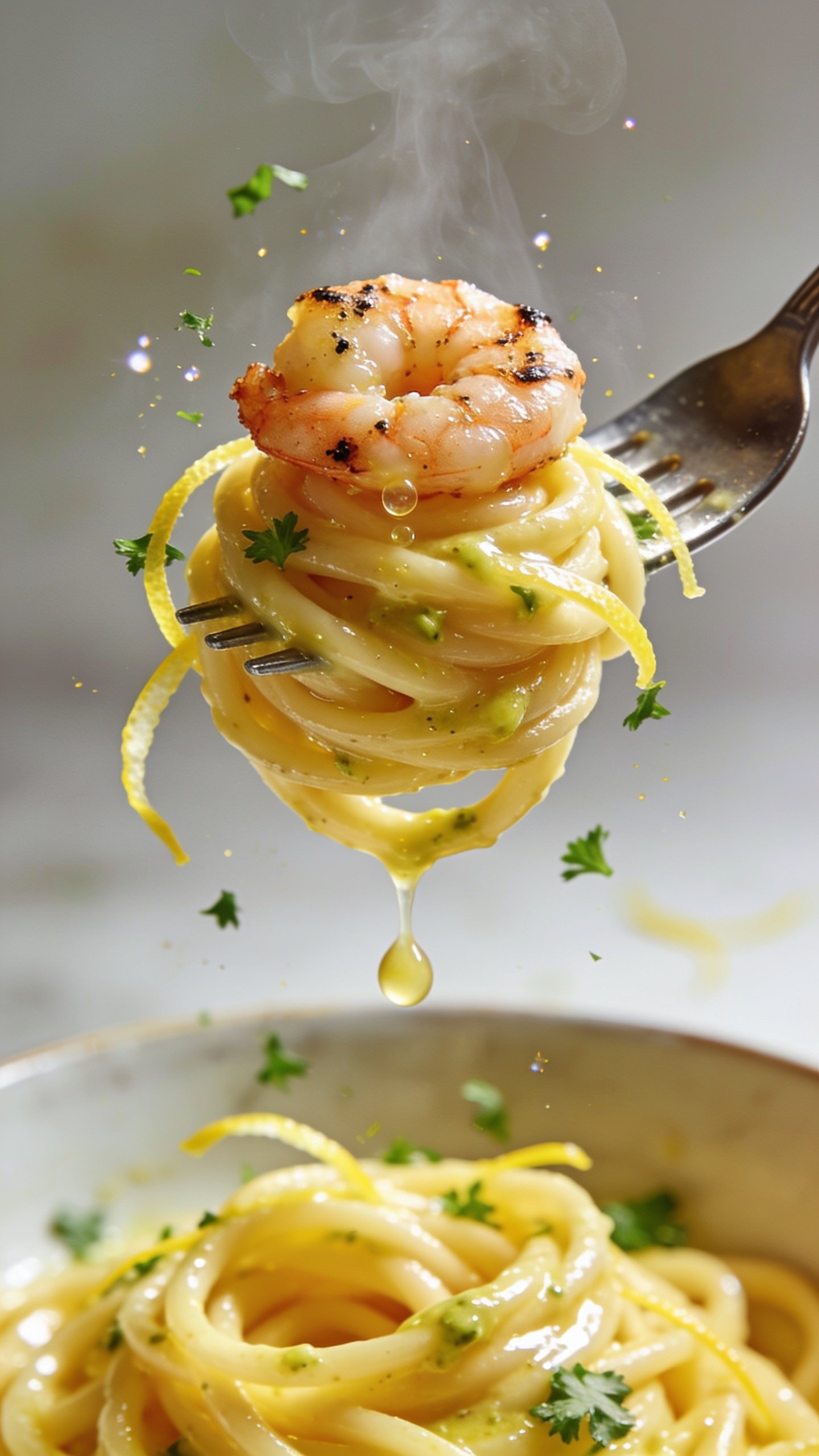 Dynamic action close-up: a polished fork lifting the perfect twirl of the same lemon shrimp pasta one second before a biteâtight spiral of spaghetti slick with emulsified lemon-garlic sauce, a single seared shrimp perched on the fork with visible char specks, micro-beads of glossy sauce clinging and a droplet mid-fall, fresh parsley confetti and lemon zest strands catching light, a whisper of steam rising; background shows the same bowl below, slightly blurred, with remaining pasta glistening; bright natural light, shallow depth of field, food filling 90â95% of the frame, no hands visible.