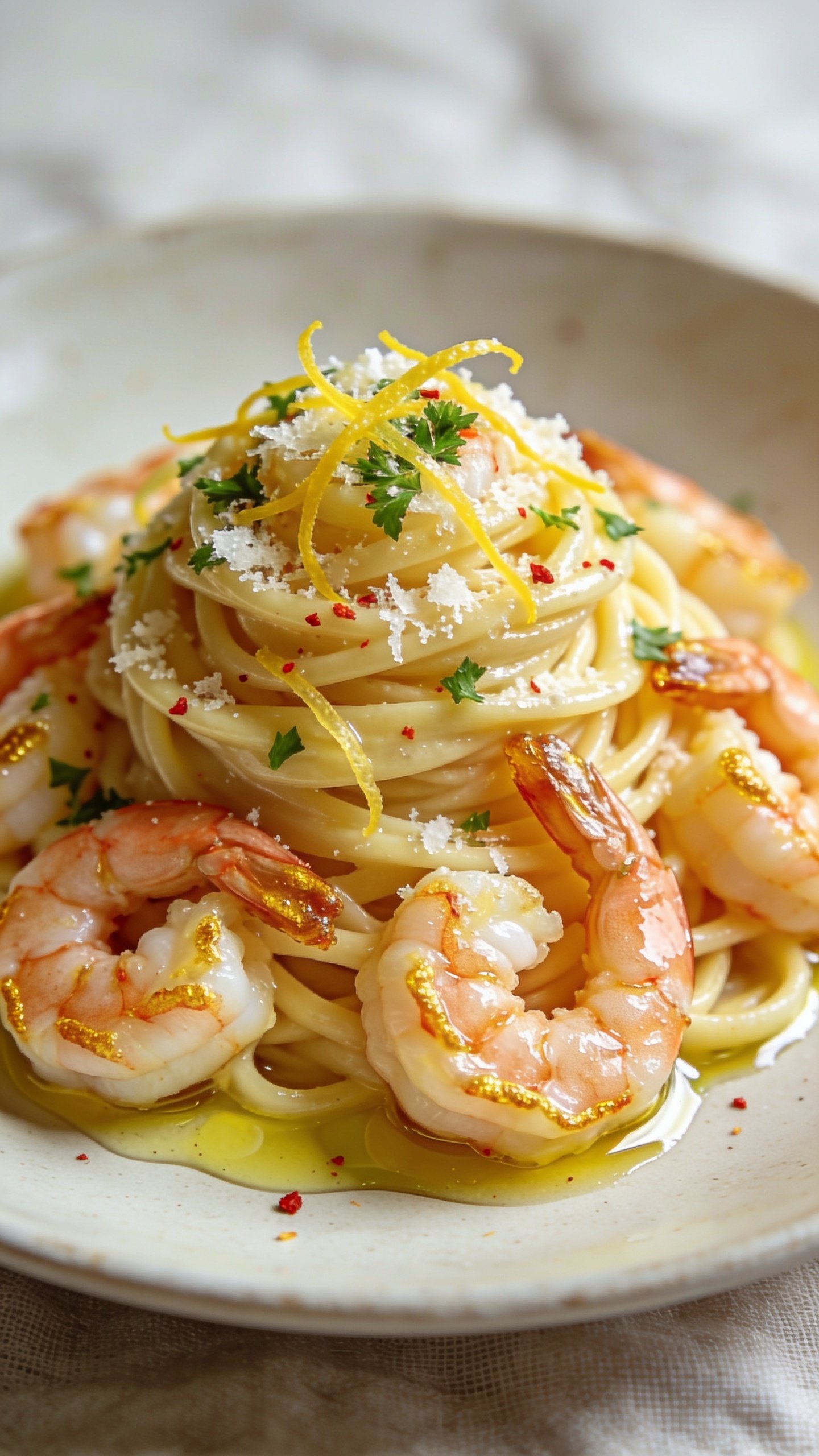 Beautiful macro angle from slightly overhead and side: the same finished lemon shrimp pasta piled high, sauce visibly emulsified and glossy, shrimp arranged evenly with curled tails and golden edges, fine shower of freshly grated Parmesan and parsley over top, vivid yellow zest threads scattered, a light sprinkle of red pepper flakes, and a slick of olive-lemon sheen pooling lightly at the base of the noodles; bright natural lighting, shallow depth of field with the front noodles in sharp focus fading to soft blur, neutral plate and subtle linen for premium food-blog styling; food dominates 90â95% of frame, textures and colors vibrant and consistent with images 1 and